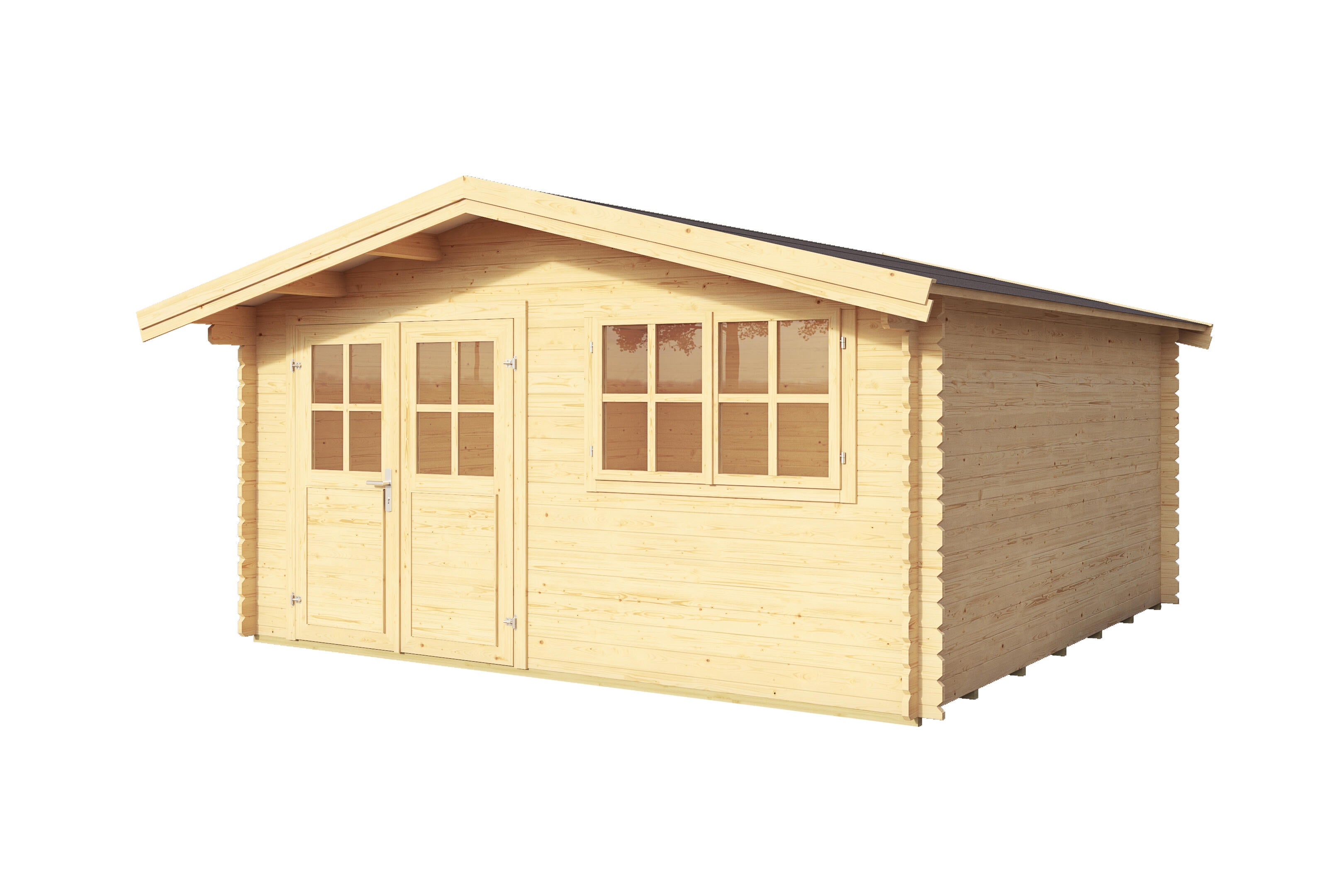 Caseta de madera isar 28 de 424x245x443 cm y 19.49 m2 con 28 mm espesor y doble puerta abatible lasita maja