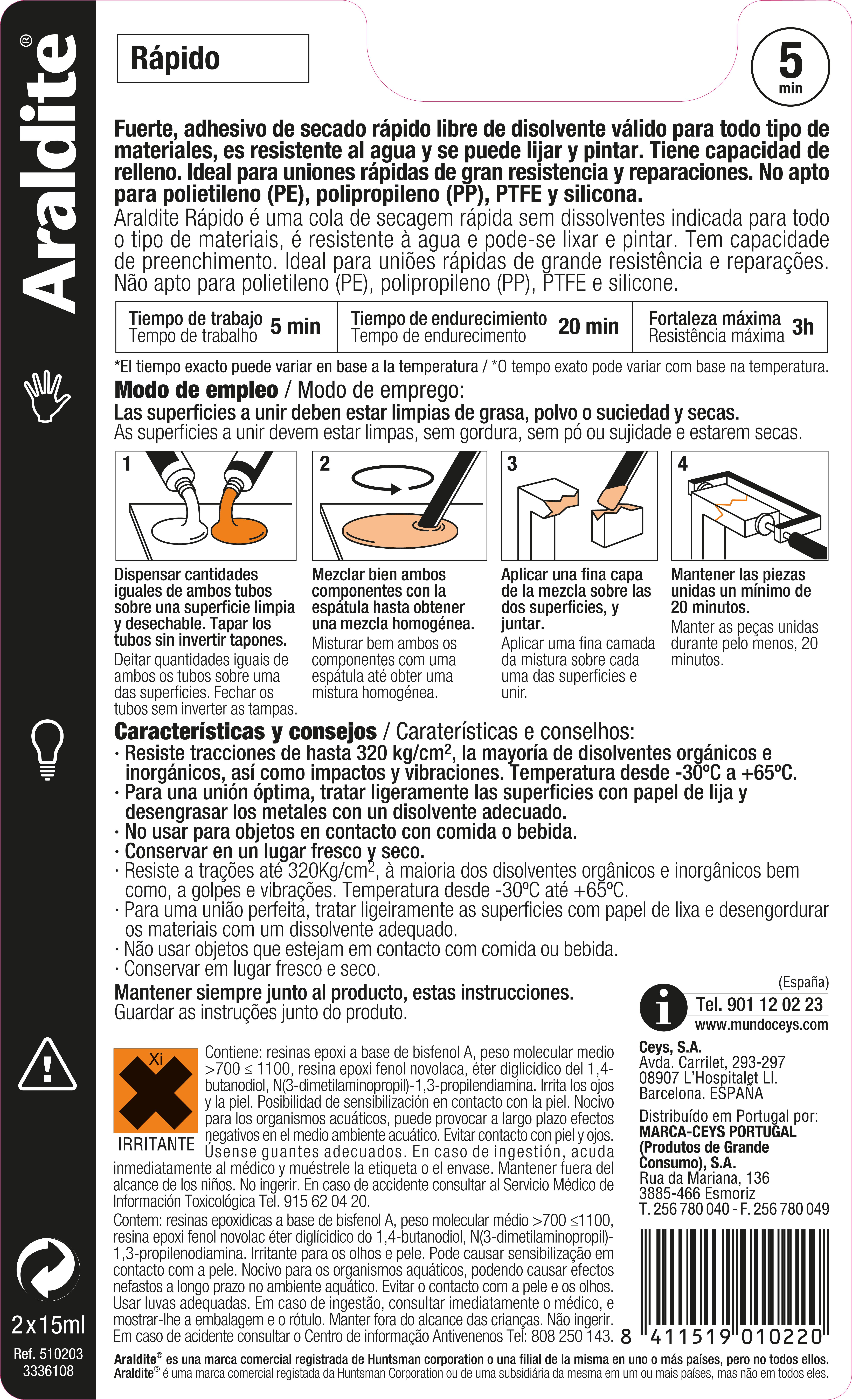 Pegamento epoxi Ceys Araldite rápido 15 + 15 ml amarillo para aluminio, bi componente para mezclar. Para pegar y reparar un material roto. - 4