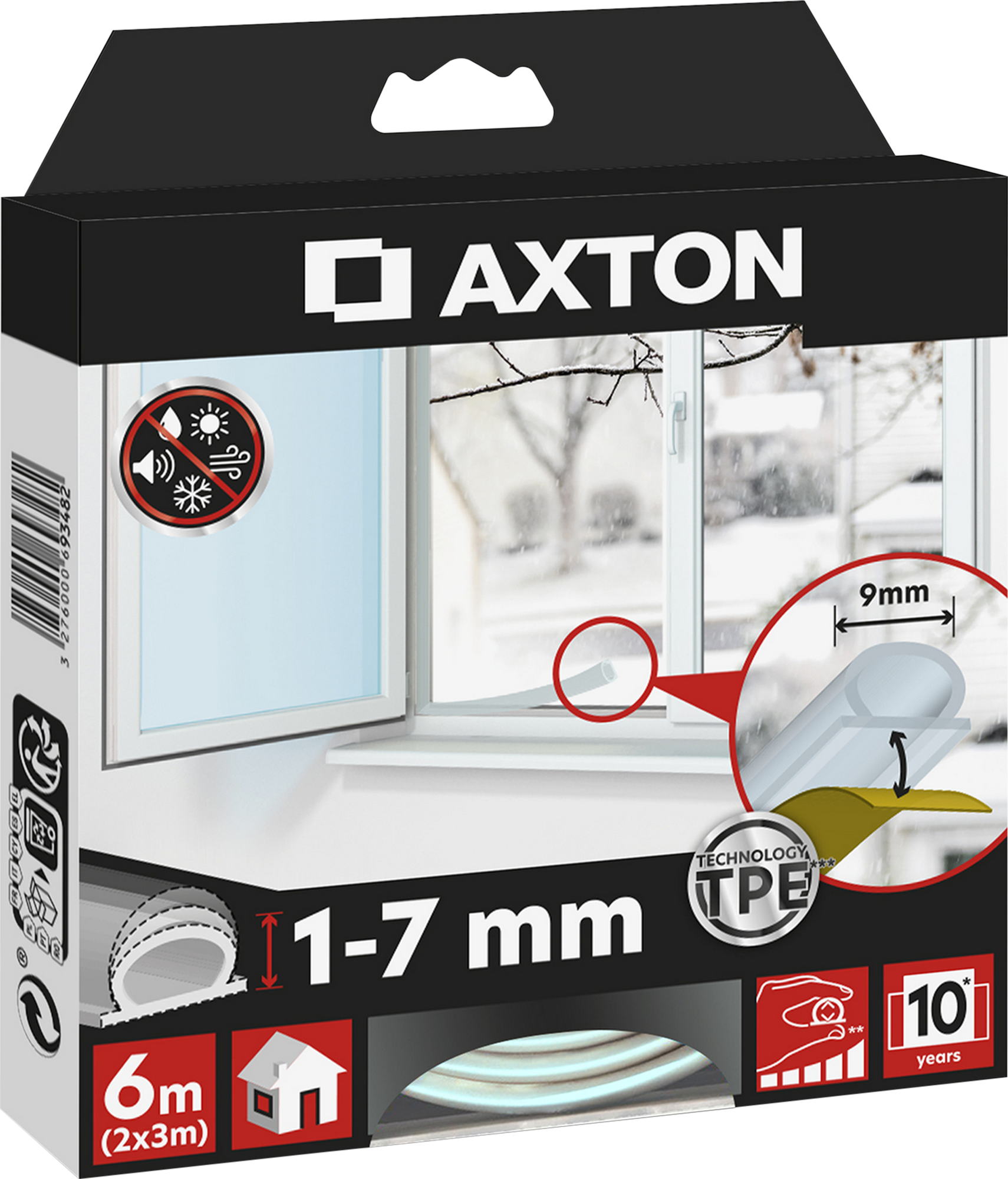 Burlete para ventanas y puertas AXTON adhesivo en color incoloro, 9 mm de anchura x 6 m de longitud. Impide el paso del agua. Perfil junta O. Recortable. Tipo de instalación encolado. - 6