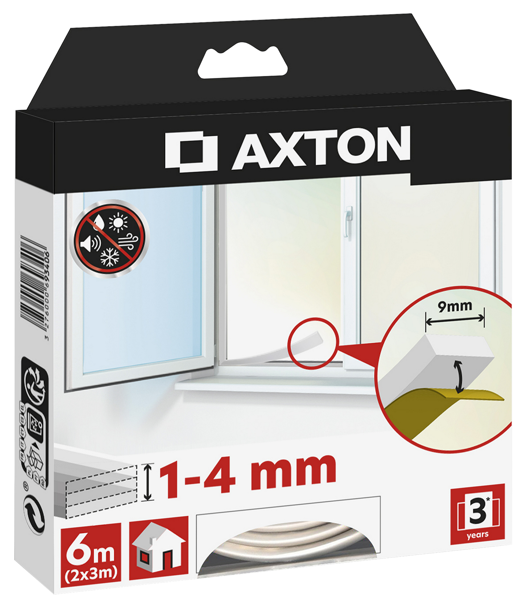 Burlete para ventanas y puertas AXTON adhesivo en color blanco, 9 mm de anchura x 6 m de longitud. Impide el paso del agua. Perfil junta plano. Recortable. Tipo de instalación encolado. - 6