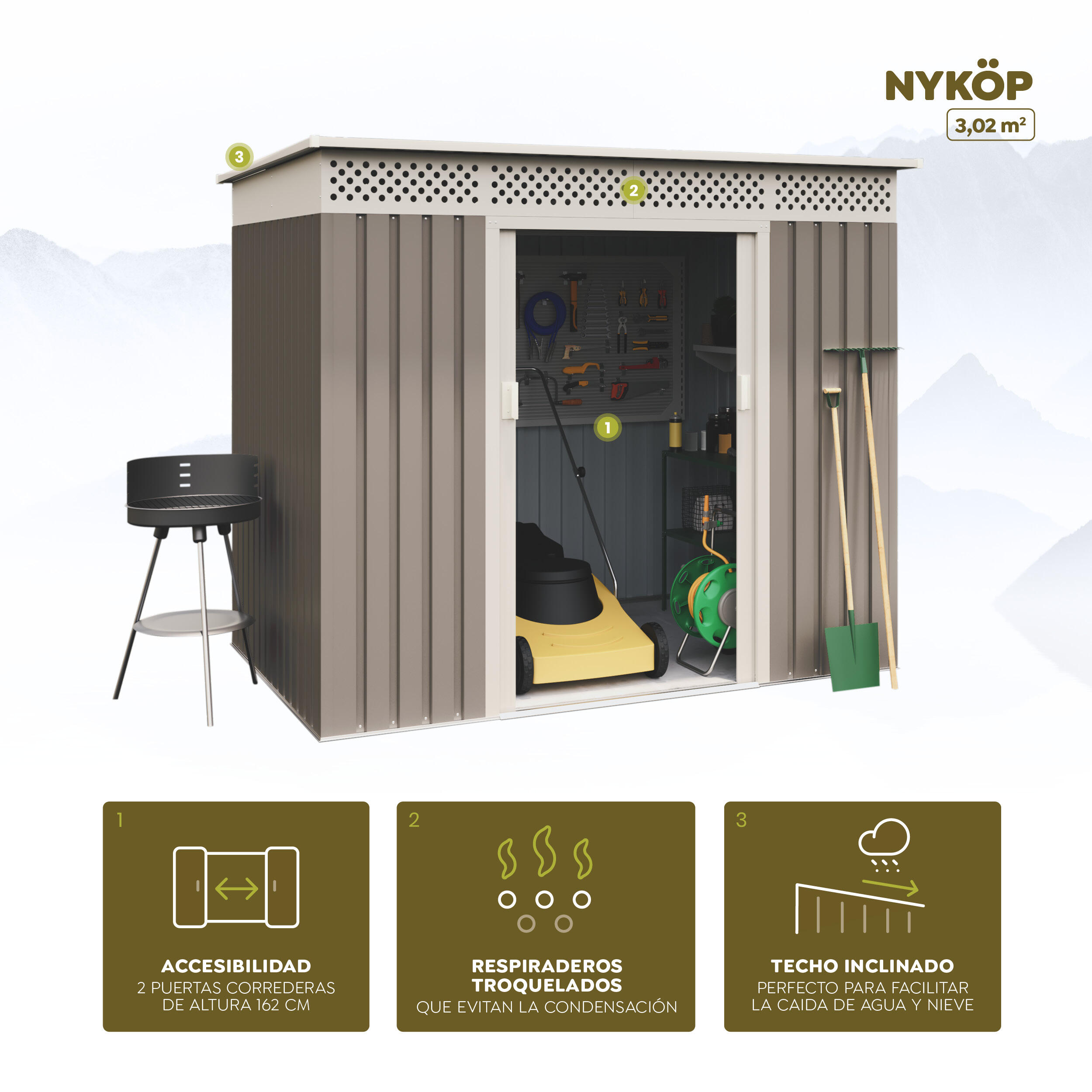 Caseta de metal Nykop de 213x184x142 cm y 3.02 m2 con 0.25 mm espesor y doble puerta corredera HOGGAR - 9