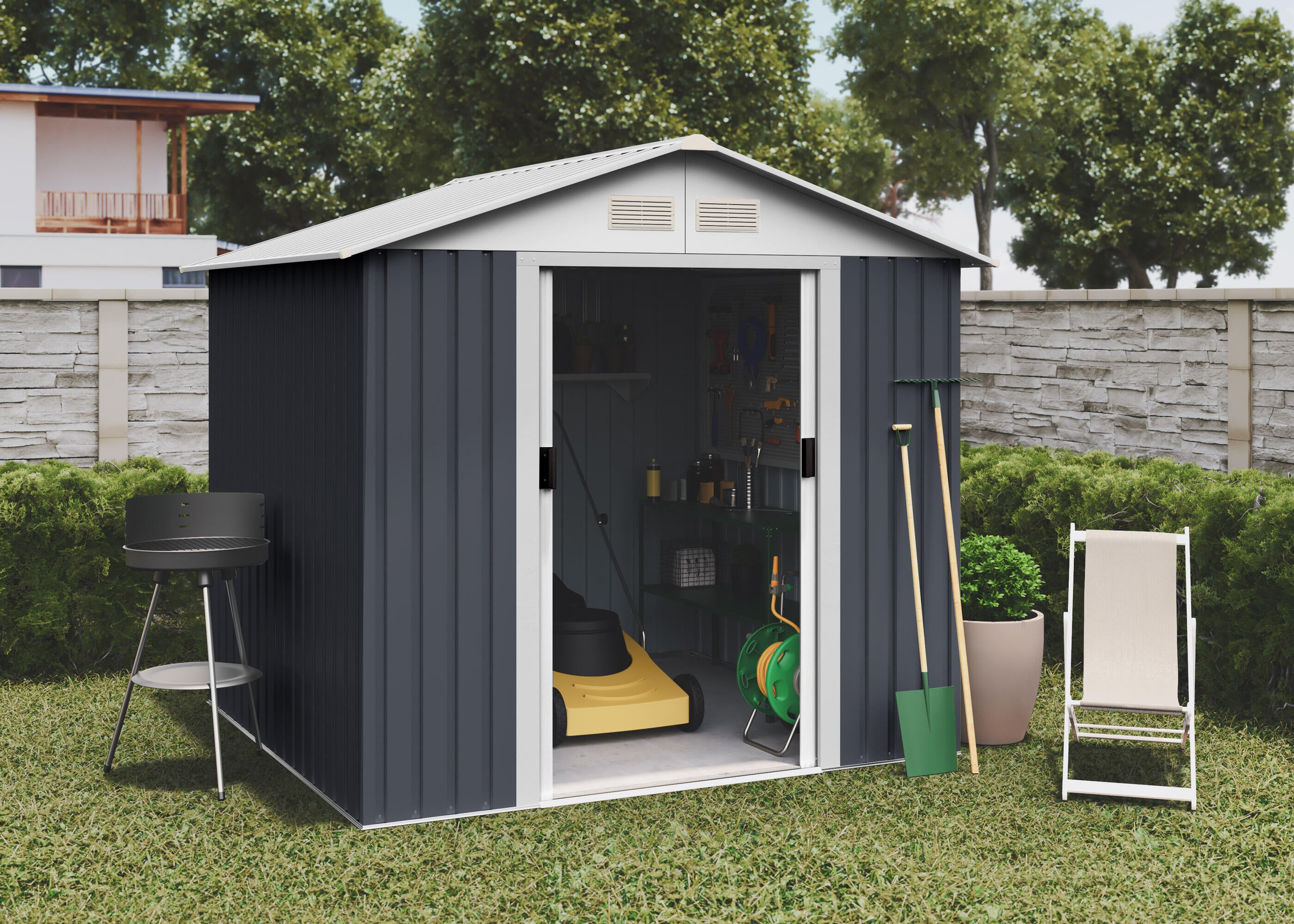 Caseta de metal Advanced Second de 215x190x190 cm y 4.1 m2 con 0.25 mm espesor y doble puerta corredera HOGGAR - 9