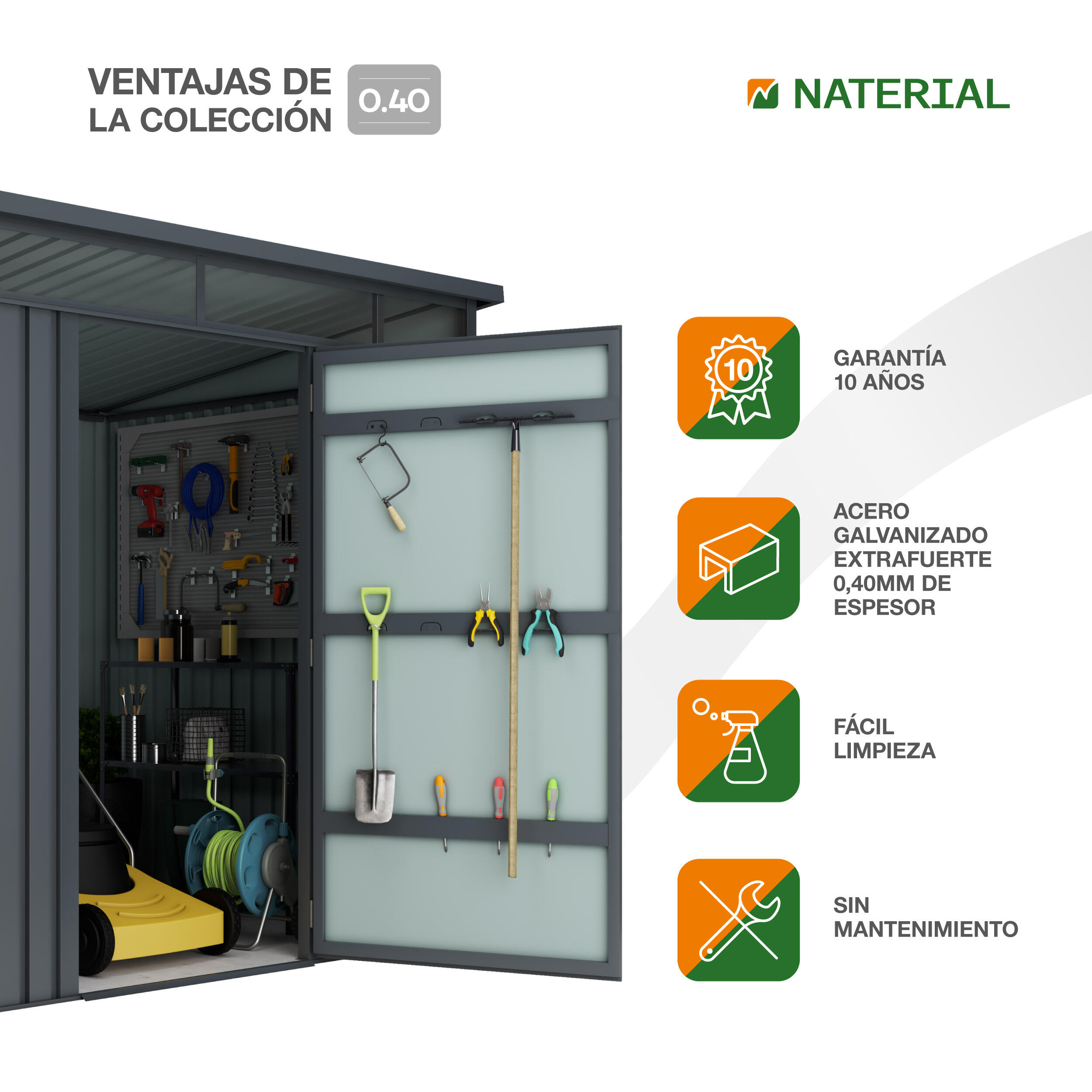 Caseta de metal Huntington M de 237x201x186 cm y 4.5 m2 con 0.4 mm espesor y puerta abatible NATERIAL - 4