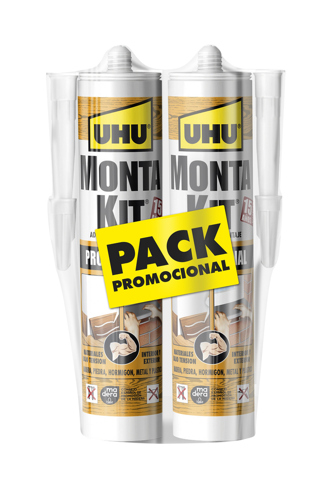Pack de 2 adhesivos de montaje UHU Montakit profesional 290 ml beige para madera, aplicación con pistola, resistente al calor. Para fijar un material a una superficie.