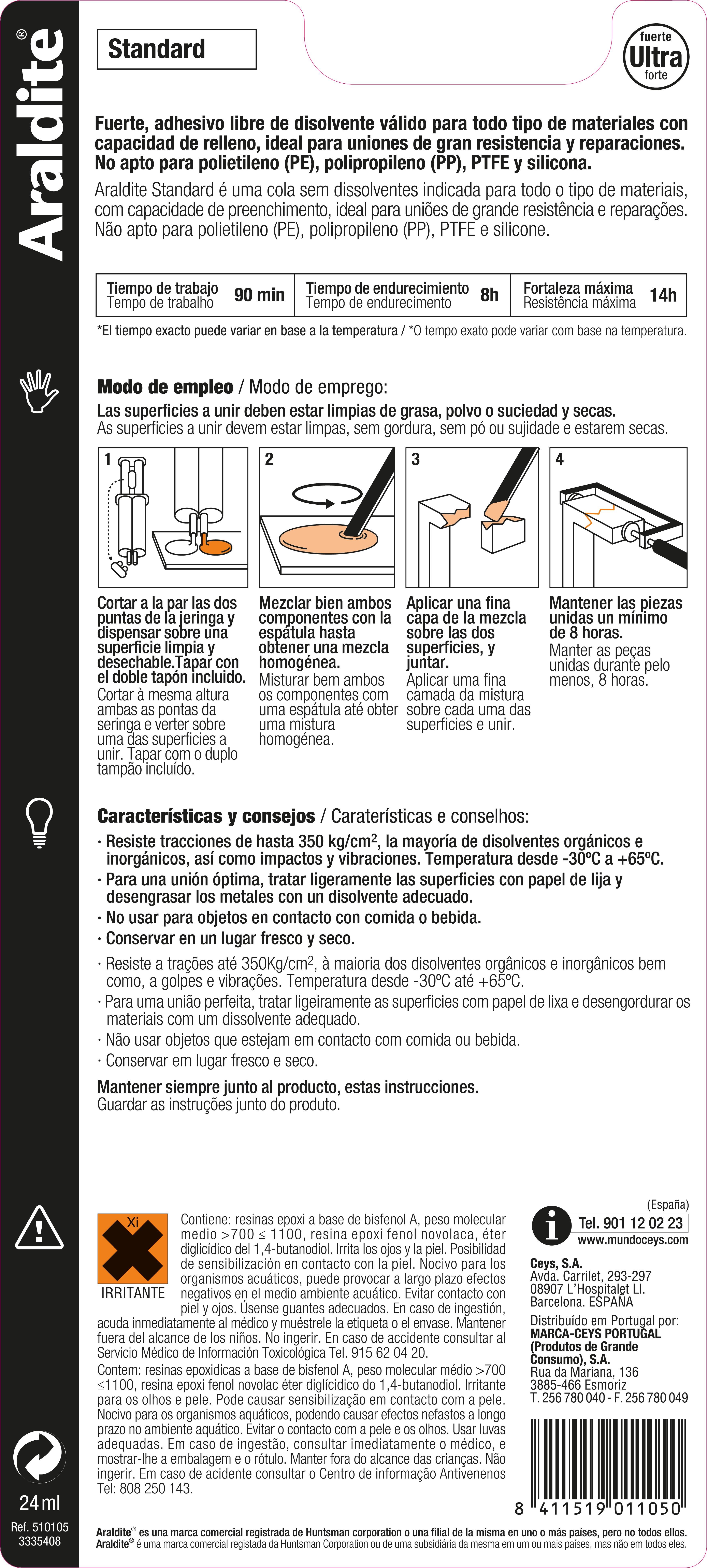 Adhesivo CEYS Epoxi Araldite 24 ml amarillo para aluminio, bi componente para mezclar, aplicación con espátula. Para pegar y reparar un material roto. - 4