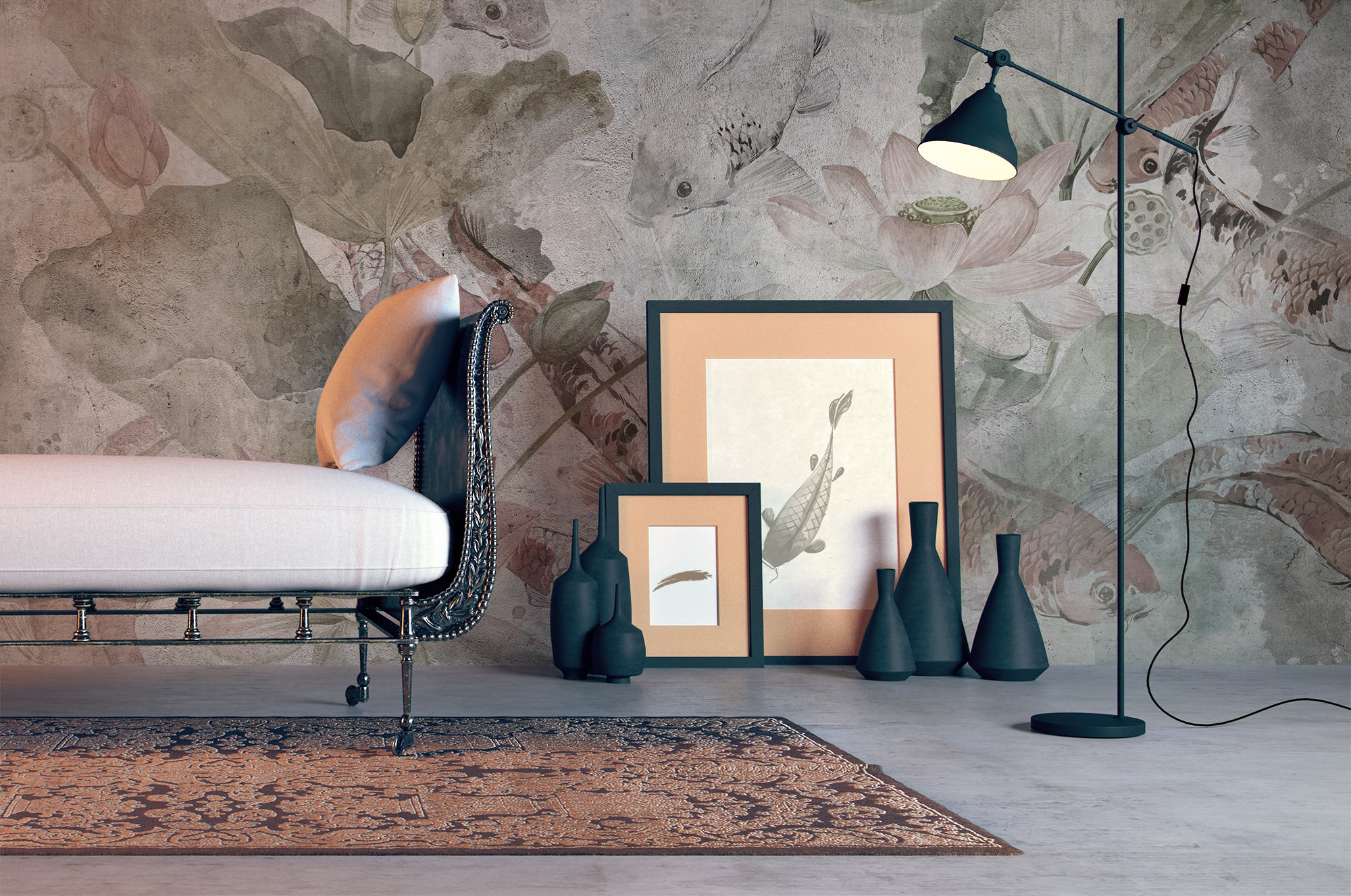 Mural textil animales nenúfar gris / plata de 193 x 260 cm motif