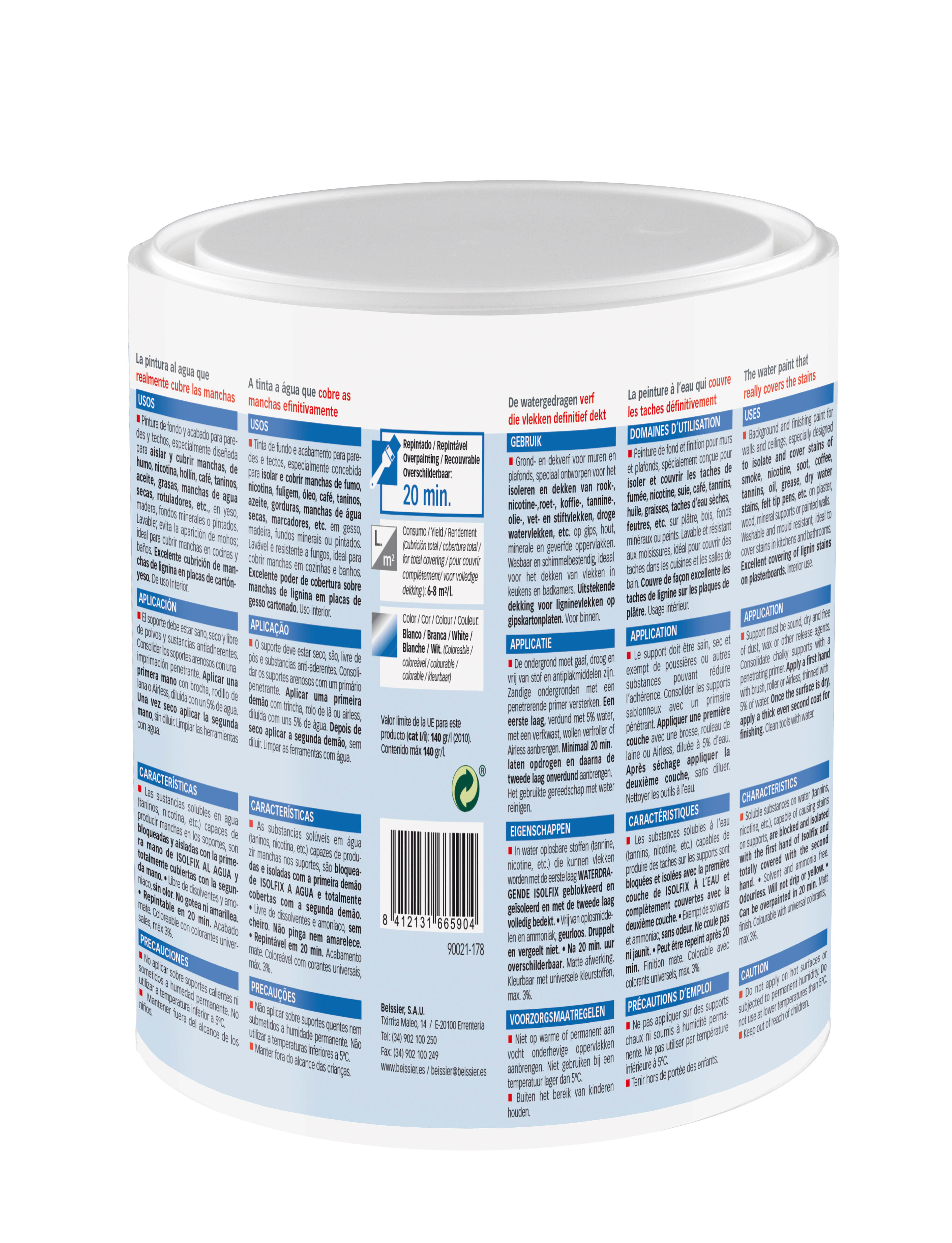 Pintura de interior antimanchas ISOLFIX color blanco mate 750ml para paredes y techos - 3