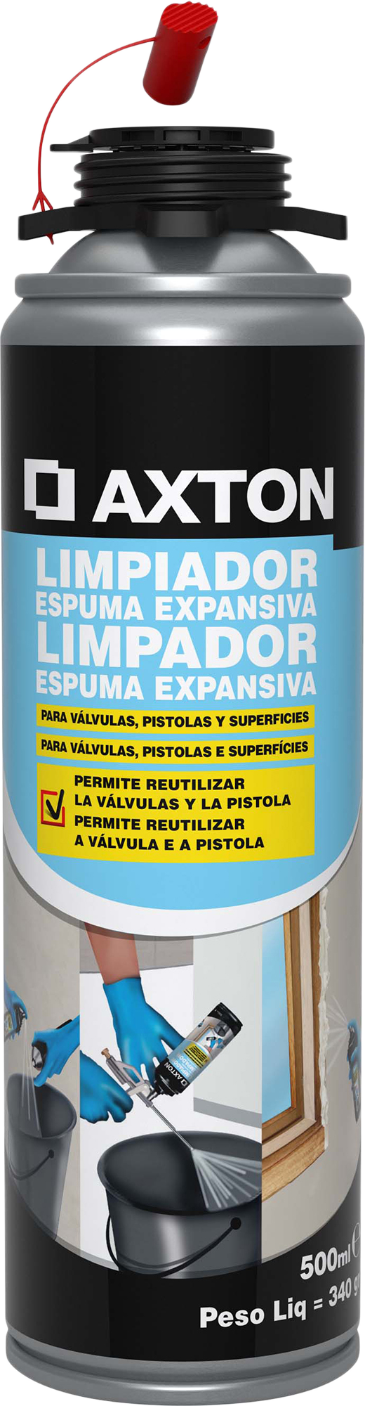 Limpiador de espuma de poliuretano AXTON 500 ml. Tiempo de acción 1 minuto. Aplicación en spray.