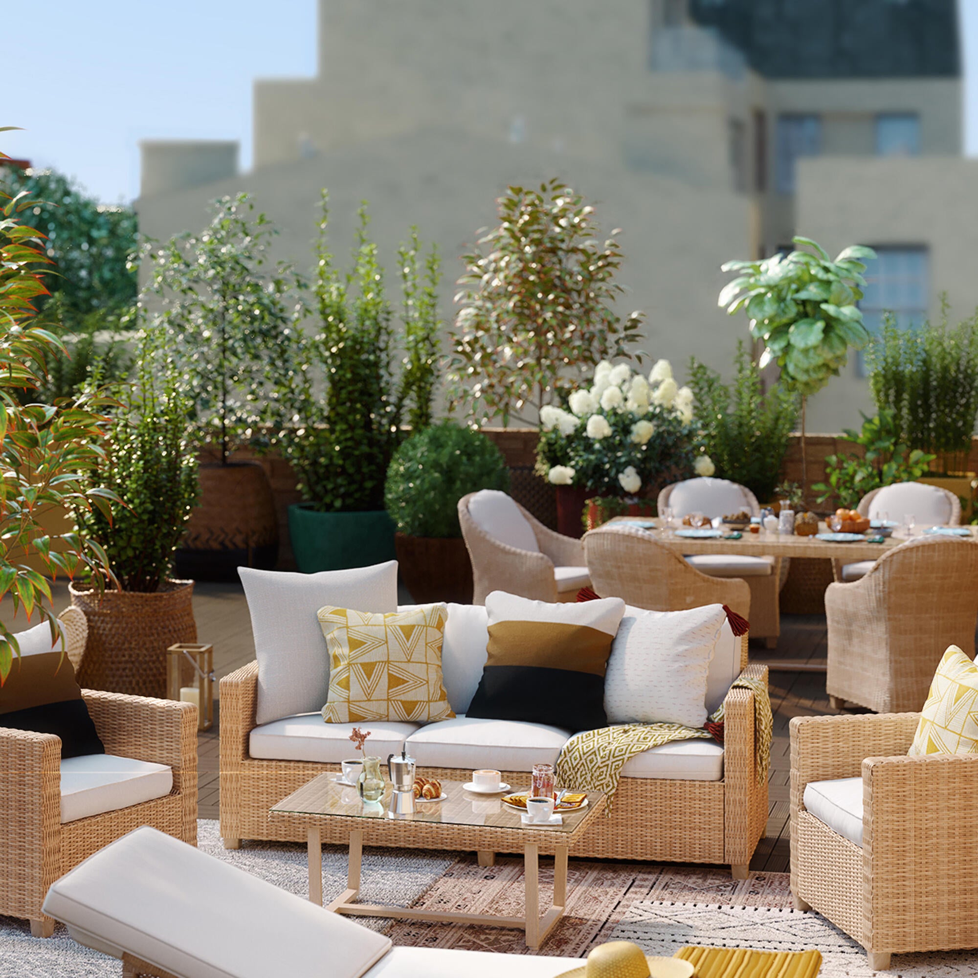 Salotto da giardino per 5 persone beige Medena NATERIAL con cuscini in poliestere bianco - 11