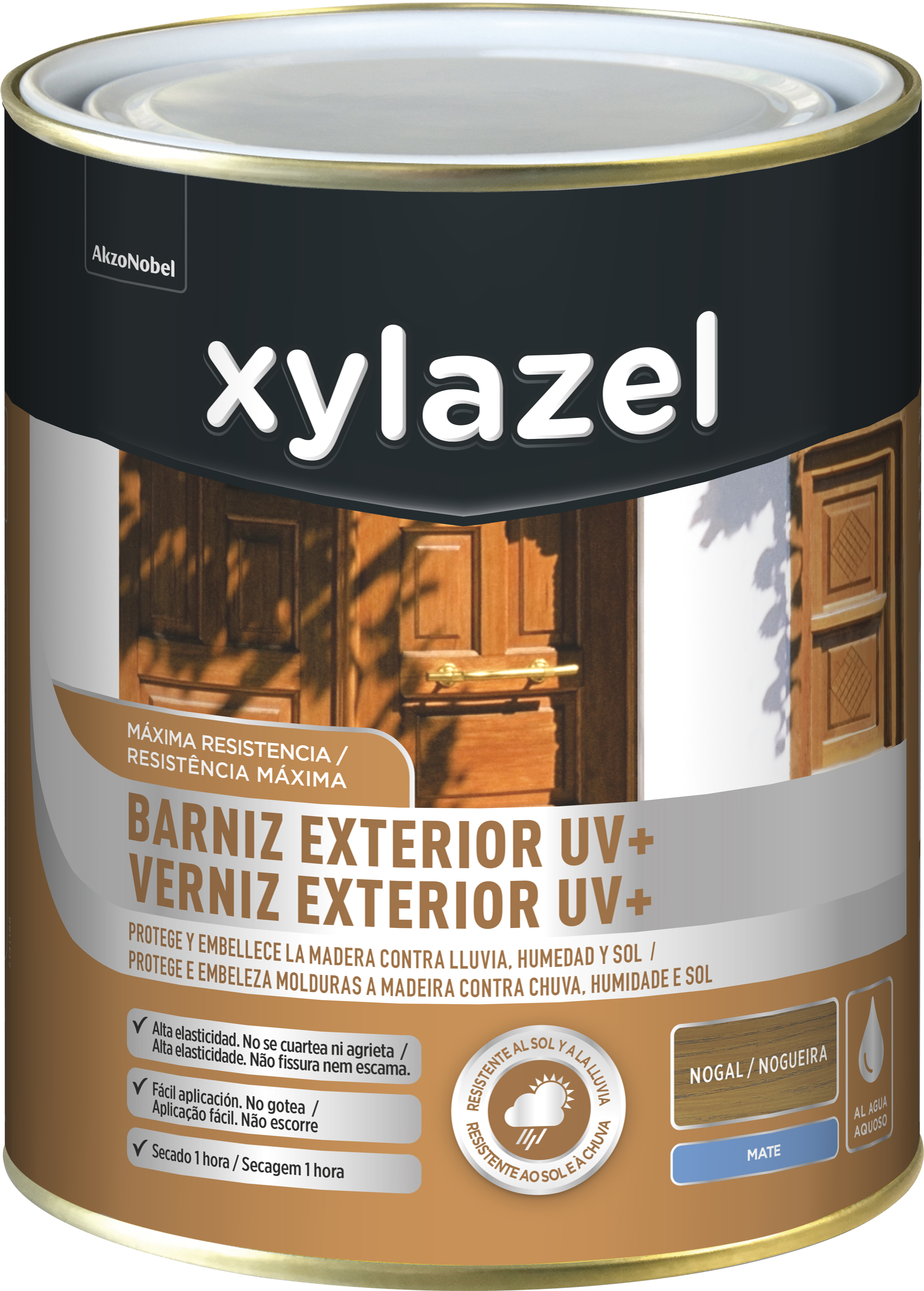 Barniz de madera de exterior color nogal para ventana, puerta, persiana, valla, mobiliario, cancela xylazel mate 750 ml base agua