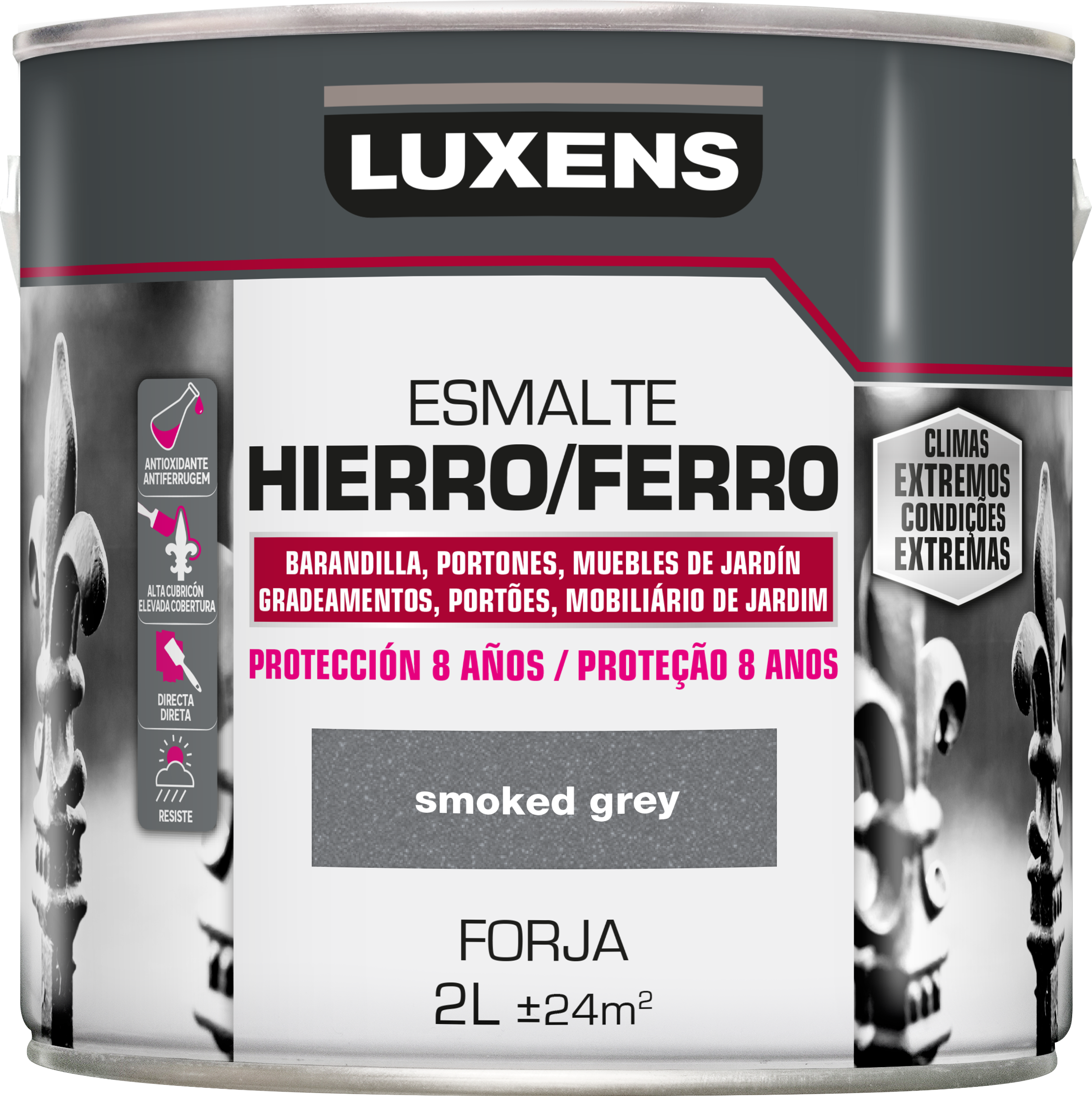 Pintura exterior color smoked gris para hierro, valla LUXENS brillante 2L al disolvente aplicación directa sobre el óxido - 2