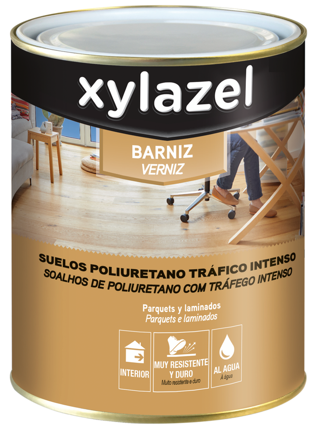 Barniz para parquet XYLAZEL Alta Resistencia incoloro, acabado satinado de 750 ml. Base agua.