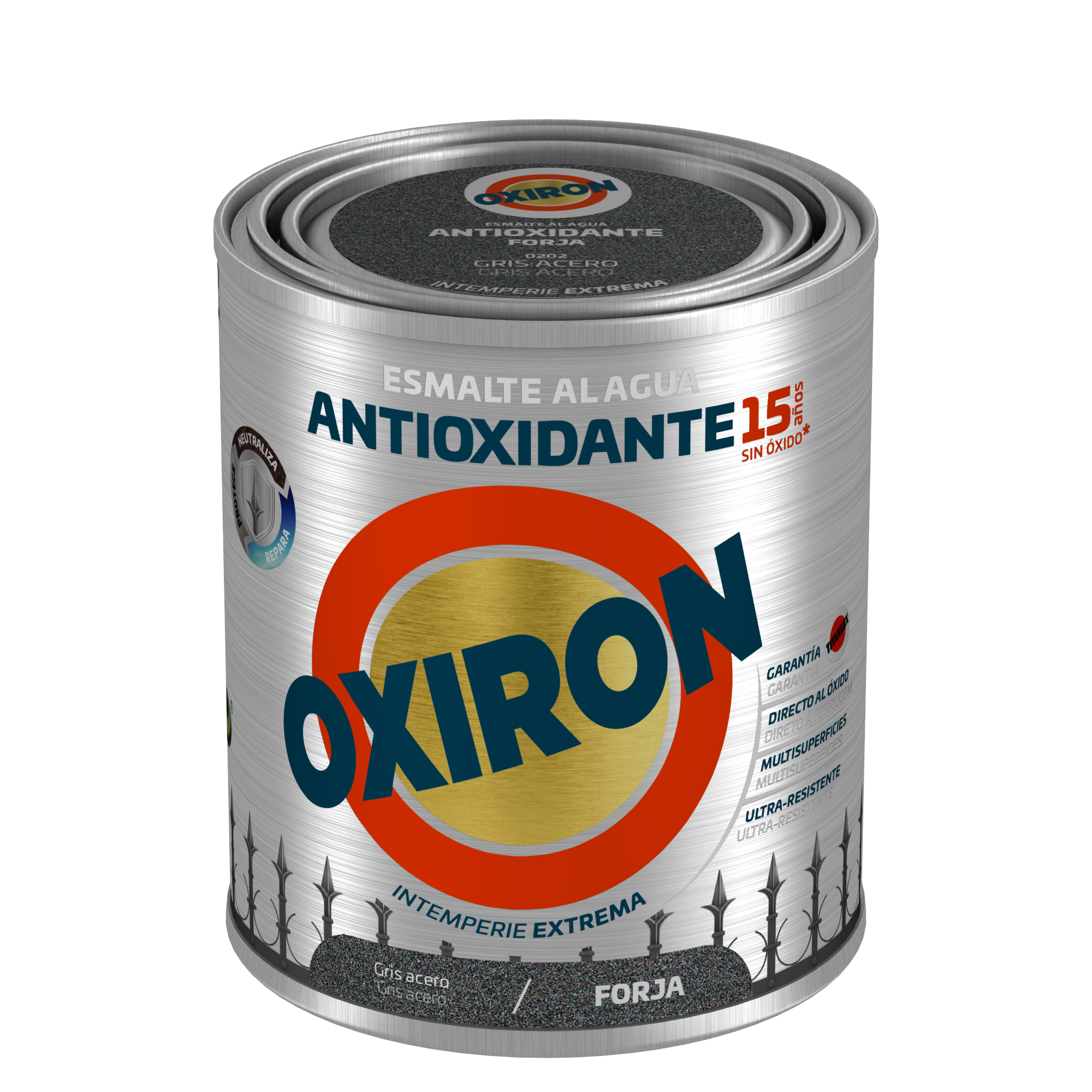 Pintura exterior color gris acero para acero inoxidable, mobiliario de jardín OXIRON brillante 750ml base agua aplicación directa sobre el óxido - 2