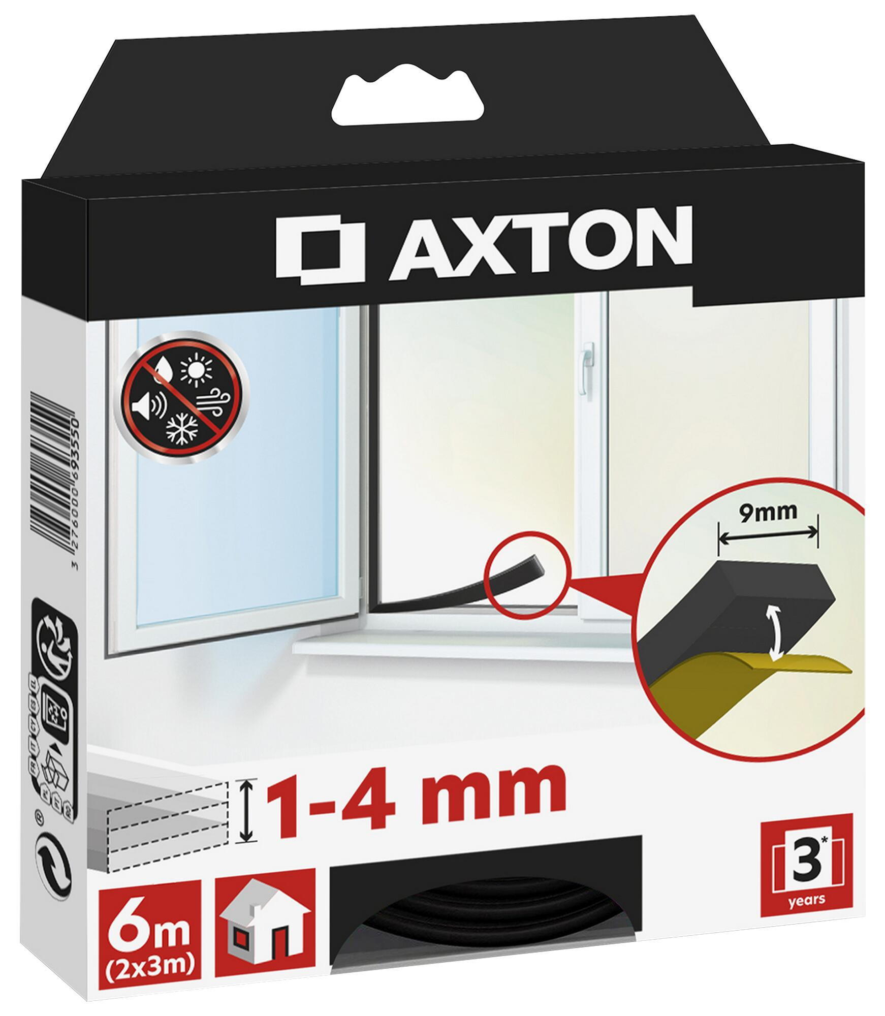 Burlete para ventanas y puertas AXTON adhesivo en color negro, 9 mm de anchura x 6 m de longitud. Impide el paso del agua. Perfil junta plano. Recortable. Tipo de instalación encolado. - 7