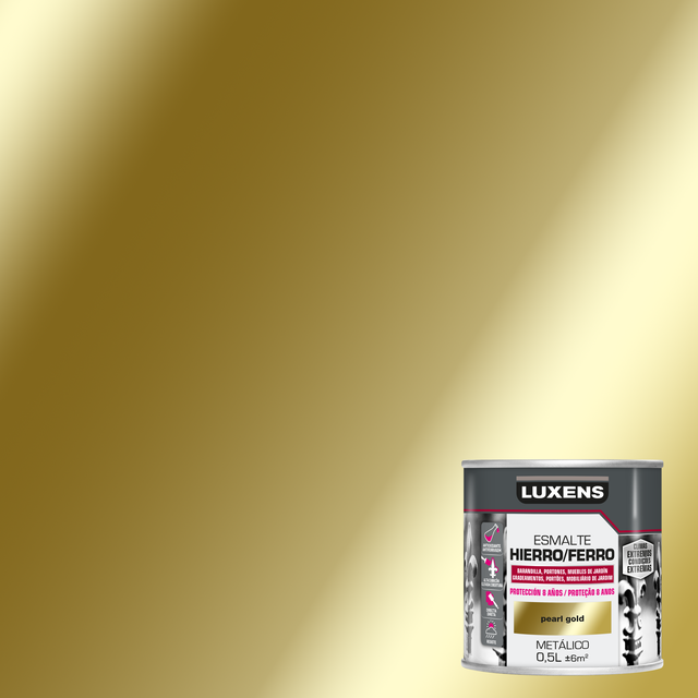 Pintura exterior color pear gold para hierro, valla LUXENS brillante 500ml al disolvente antigoteo aplicación directa sobre el óxido