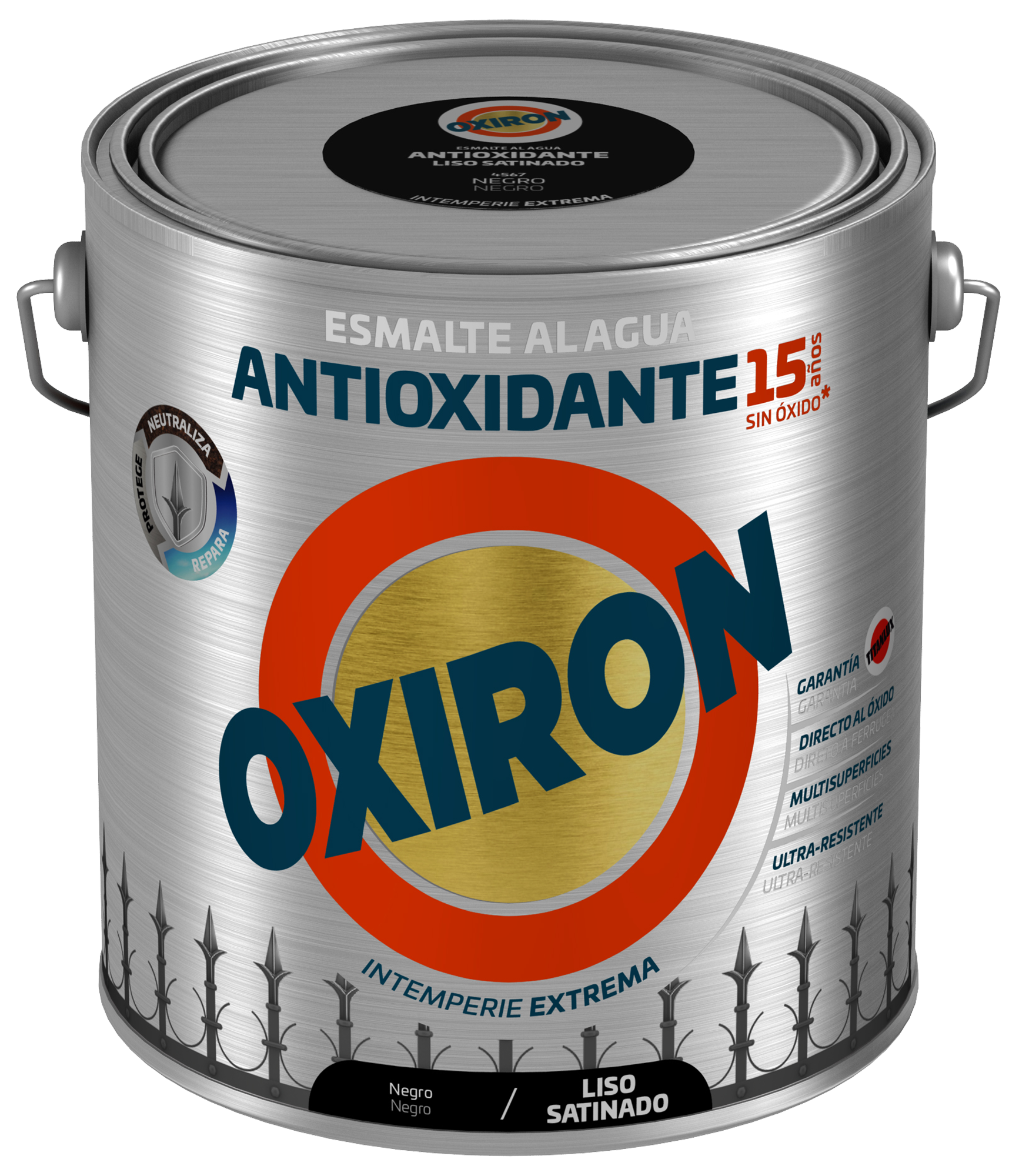 Pintura exterior color negro para aluminio, acero galvanizado, madera, pvc, acero, cobre, cinc, hierro, piedra, cancela, marco de compuerta, puerta, mobiliario de jardín, refugio, valla OXIRON satinado 2.5L base agua aplicación directa sobre el óxido - 2