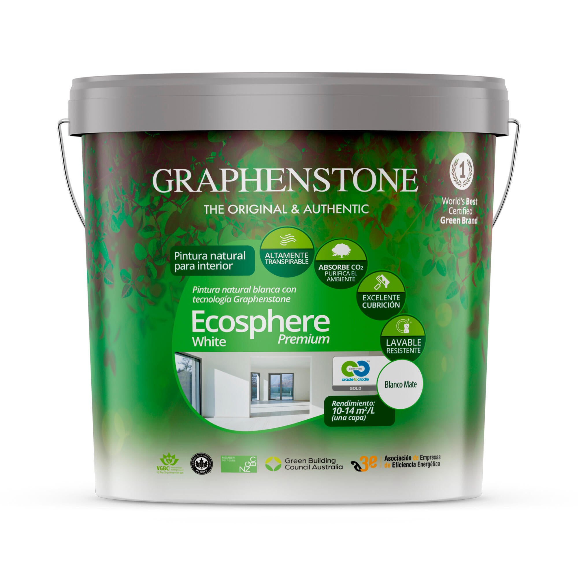 Pintura de interior ecosphère premium graphenstone color blanco mate 15l para paredes y techos