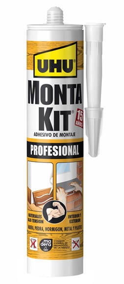 Adhesivo de montaje UHU Montakit profesional 350 gr blanco, aplicación con pistola, resiste a las torsiones. Para fijar un material a una superficie.