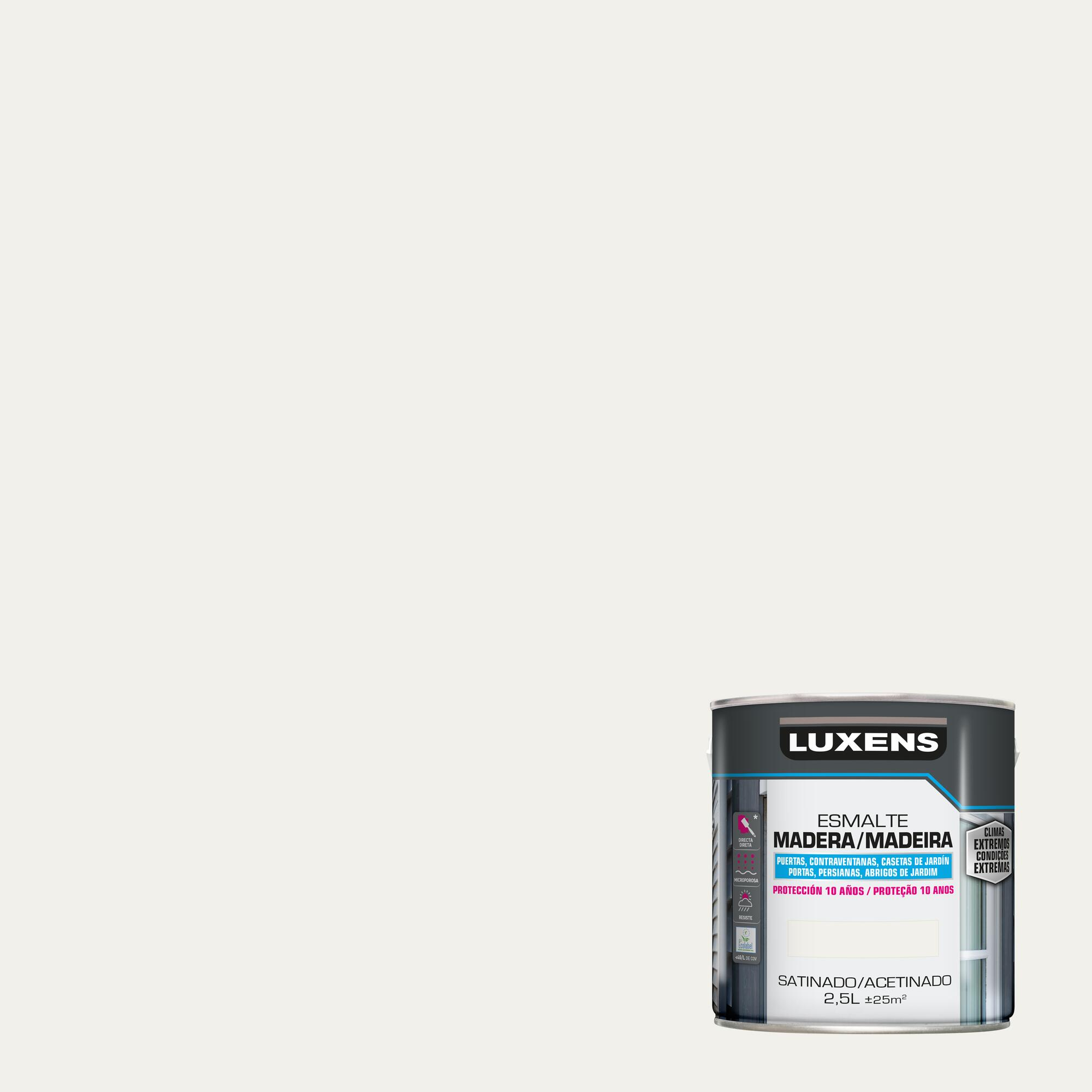 Pintura exterior color white para madera, persiana, puerta luxens satinado 2.5l base agua