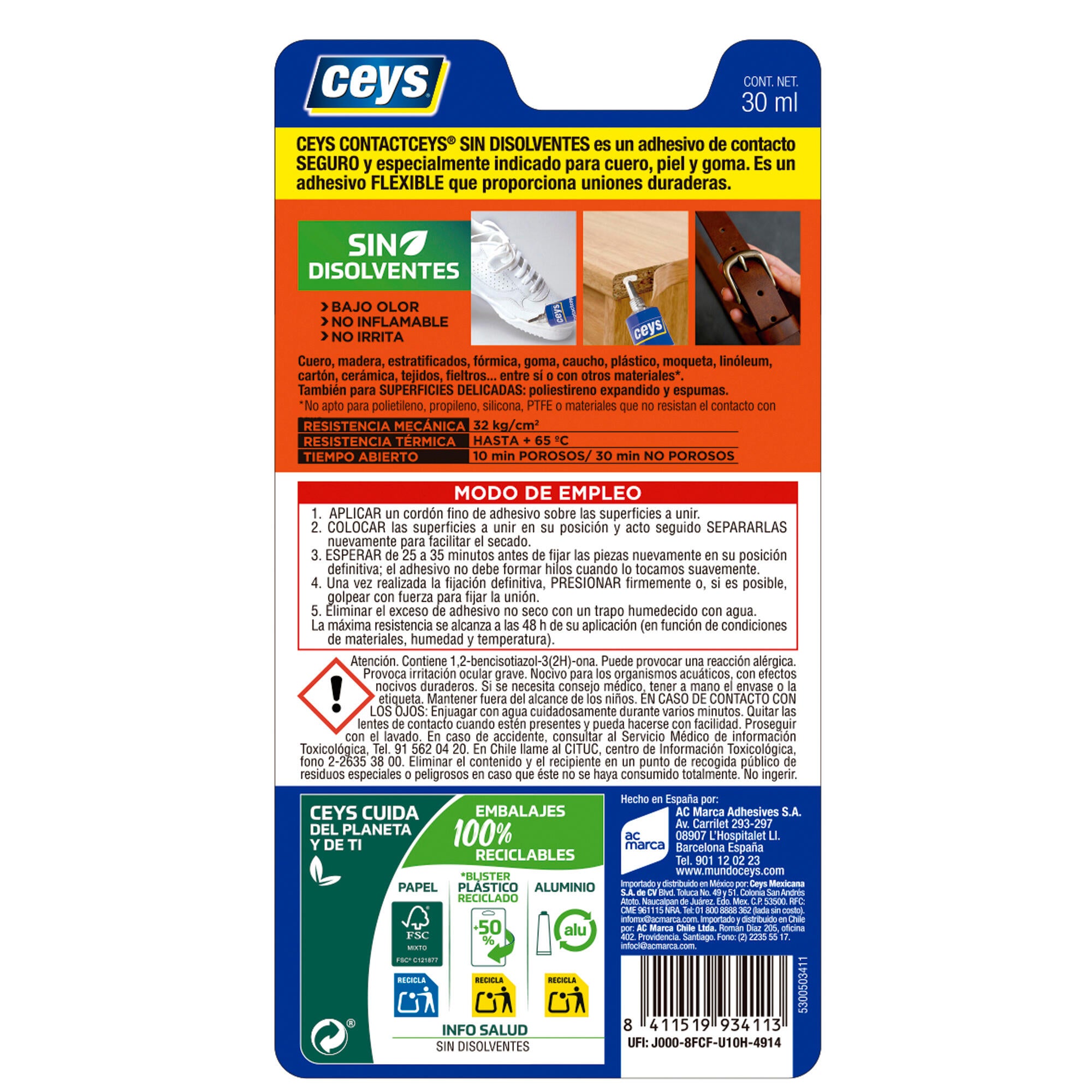 Cola de contacto CONTACTCEYS 30 ml amarillo para cuero, goma elástica. Para unir materiales. - 5