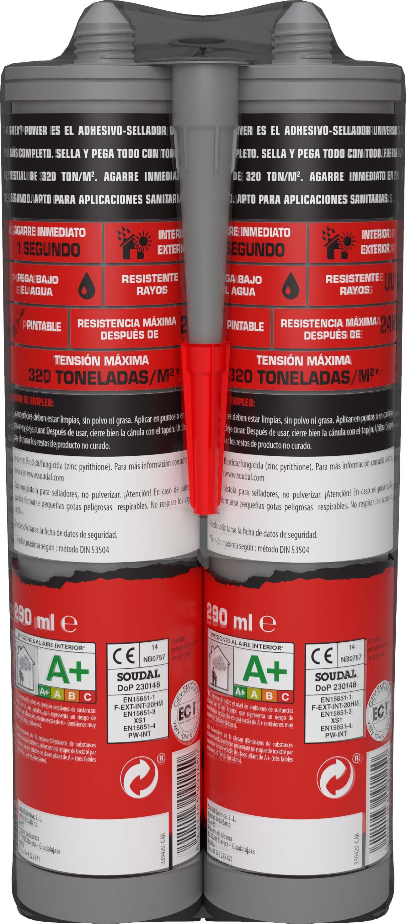 Pack de 2 adhesivos de montaje  SOUDAL T-REX POWER 290 ml blanco para  madera, hormigón, aplicación con pistola, se puede pintar, resistente a la intemperie, impermeable, resiste a torsiones y vibraciones. Para fijar un material a una superficie.
 - 2