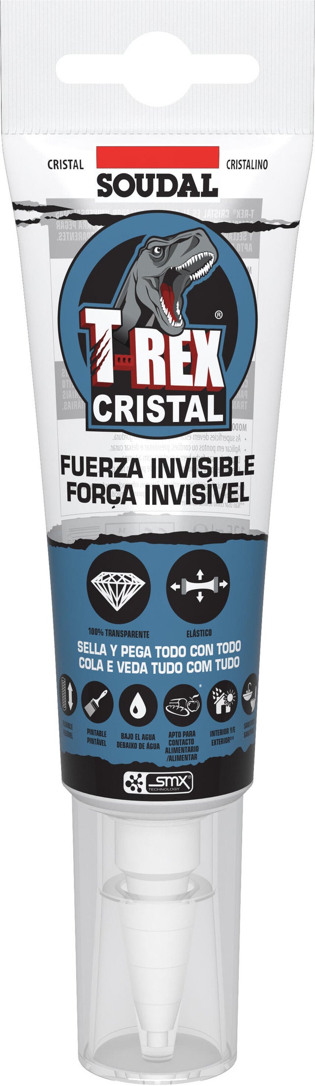 Adhesivo de montaje SOUDAL T-REX CRISTAL 125 ml transparente para madera, hormigón, resiste a las torsiones. Para fijar un material a una superficie.
