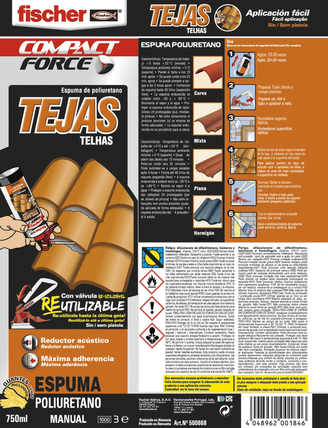 Espuma de poliuretano expansiva tejas FISCHER 750 ML manual