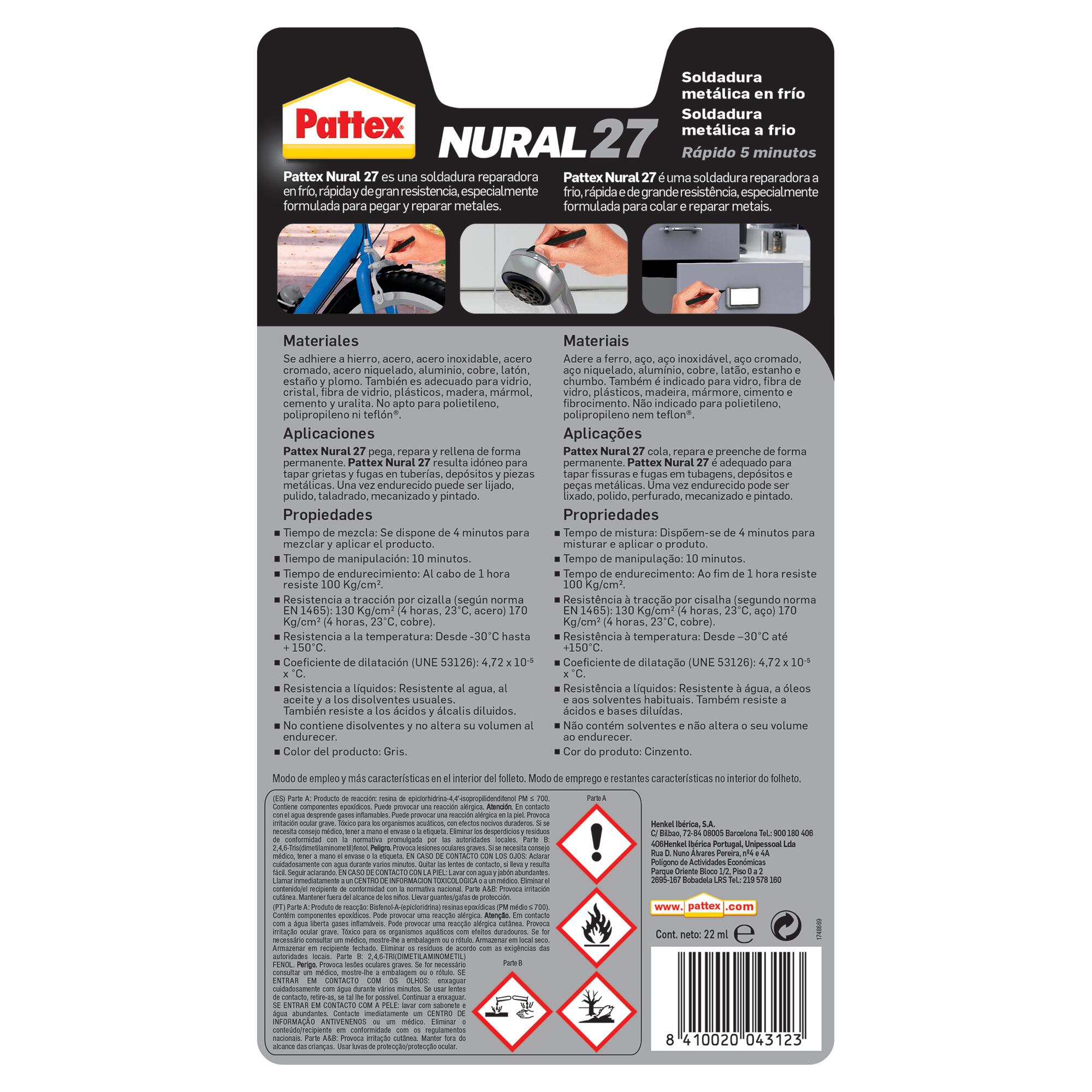 Cola PATTEX Nural 27 2 x 11 ml gris para aluminio, aplicación con espátula, bi componente para mezclar, resistente a la intemperie, impermeable,  resistente a las vibraciones, se puede pintar. Para pegar y reparar un material roto. - 5