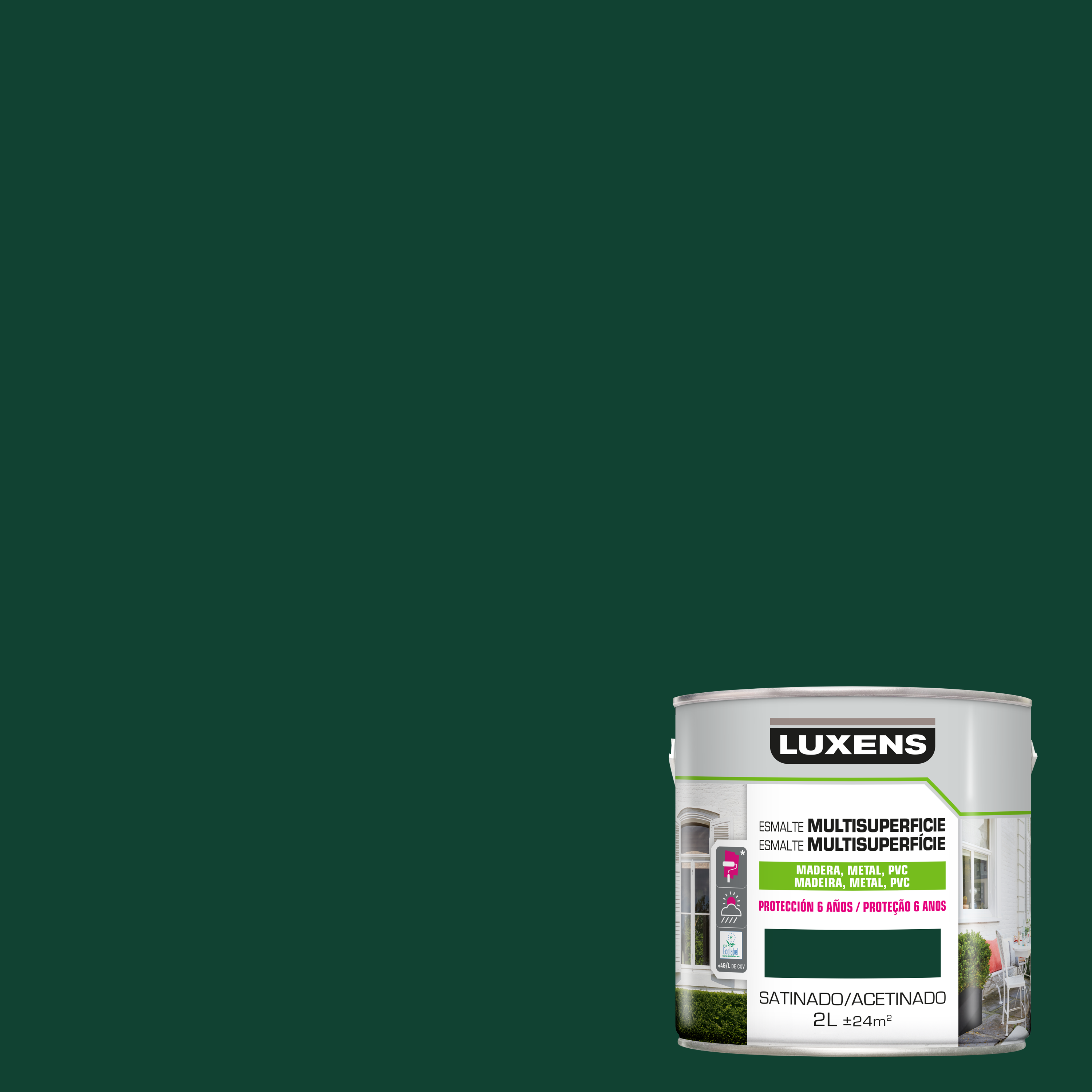 Pintura exterior color verde para madera, pvc, pared luxens satinado 2l base agua antigoteo