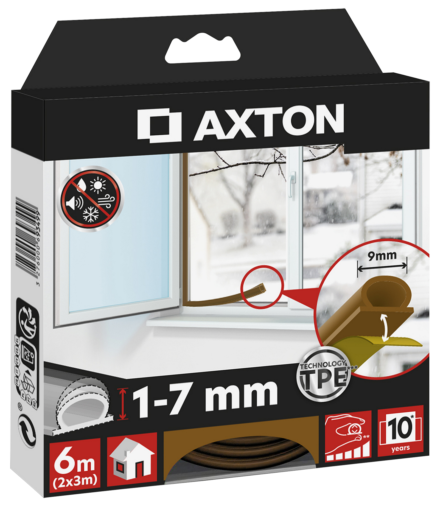 Burlete para ventanas y puertas AXTON adhesivo en color marrón,  9 mm de anchura x 6 m de longitud. Impide el paso del agua. Perfil junta O. Recortable. Tipo de instalación encolado. - 7