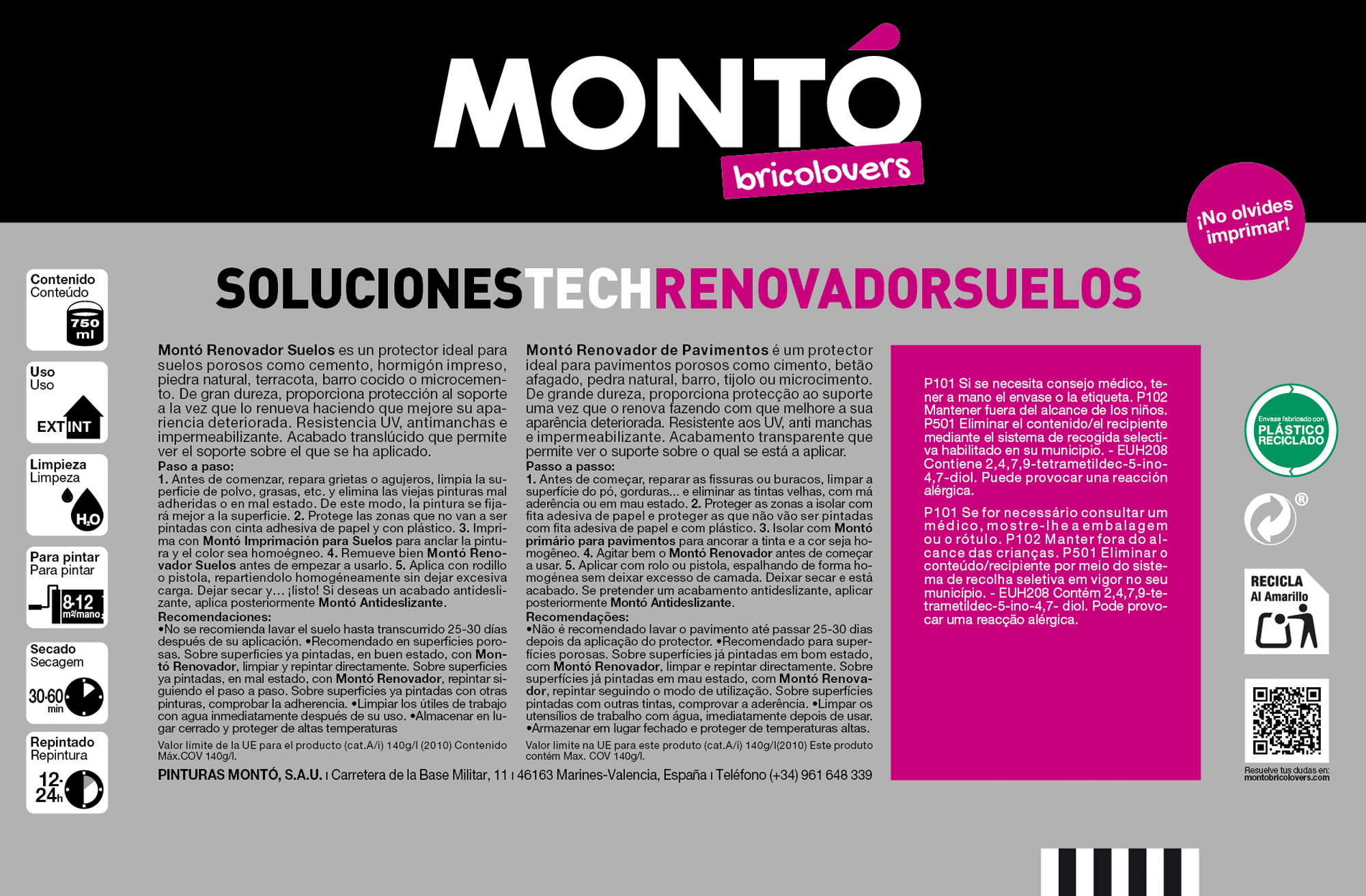 Pintura suelo color transparente para hormigón, piedra, ladrillo MONTÓ semibrillante 750ml base agua - 5