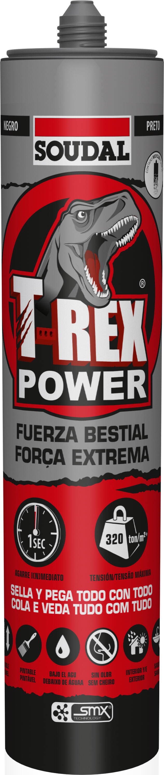Adhesivo de montaje SOUDAL T-REX POWER 290 ml negro para madera, hormigón, aplicación con pistola, resiste a las torsiones. Para fijar un material a una superficie. - 2