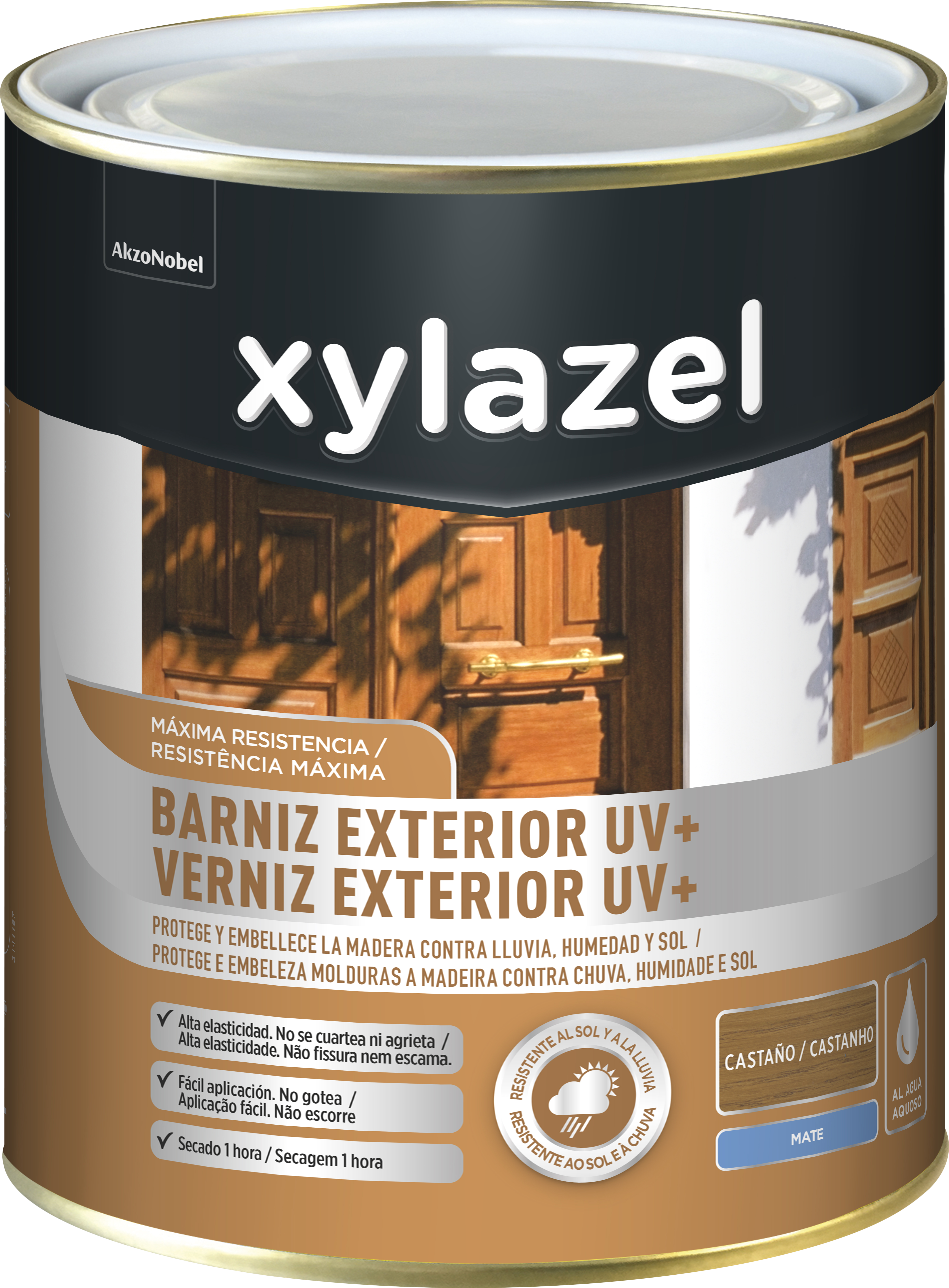 Barniz de madera de exterior color castaño para ventana, puerta, persiana, valla, mobiliario, cancela xylazel mate 2.5l base agua