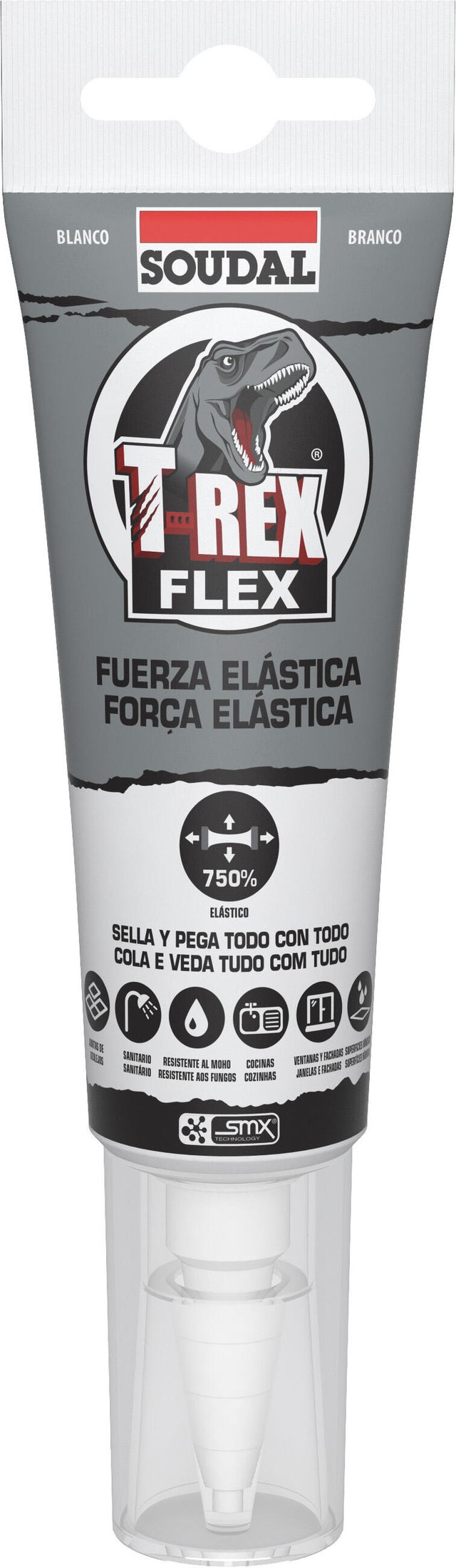 Adhesivo de montaje SOUDAL T-REX FLEX 125 ml blanco para madera, hormigón, resiste a las torsiones. Para fijar un material a una superficie.