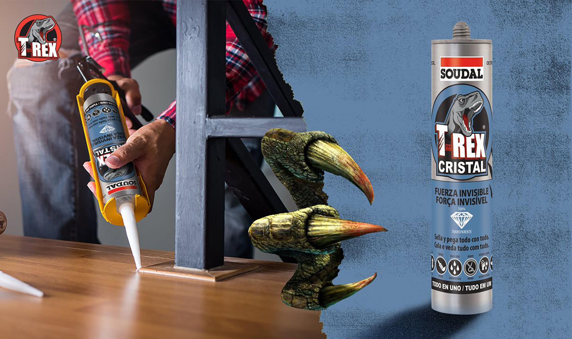 Adhesivo de montaje SOUDAL T-REX POWER 290 ml transparente para madera, hormigón, resiste a las torsiones, aplicación con pistola. Para fijar un material a una superficie. - 7