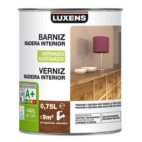 Barniz de madera interior LUXENS en color incoloro, acabado satinado para mobiliario líquido de 750 ml. Base agua.
