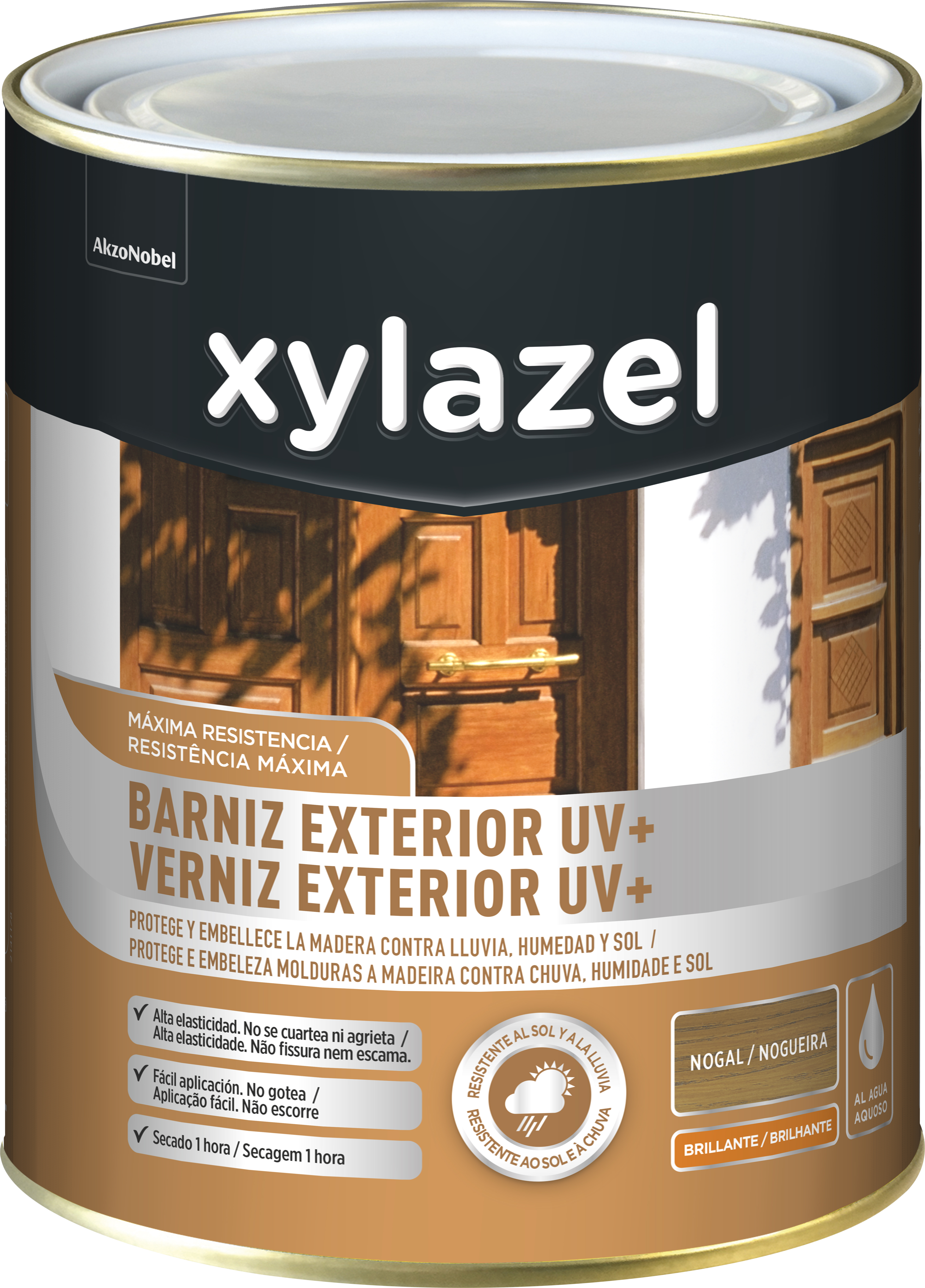 Barniz de madera de exterior color nogal para ventana, puerta, persiana, valla, mobiliario, cancela xylazel brillante 2.5l base agua