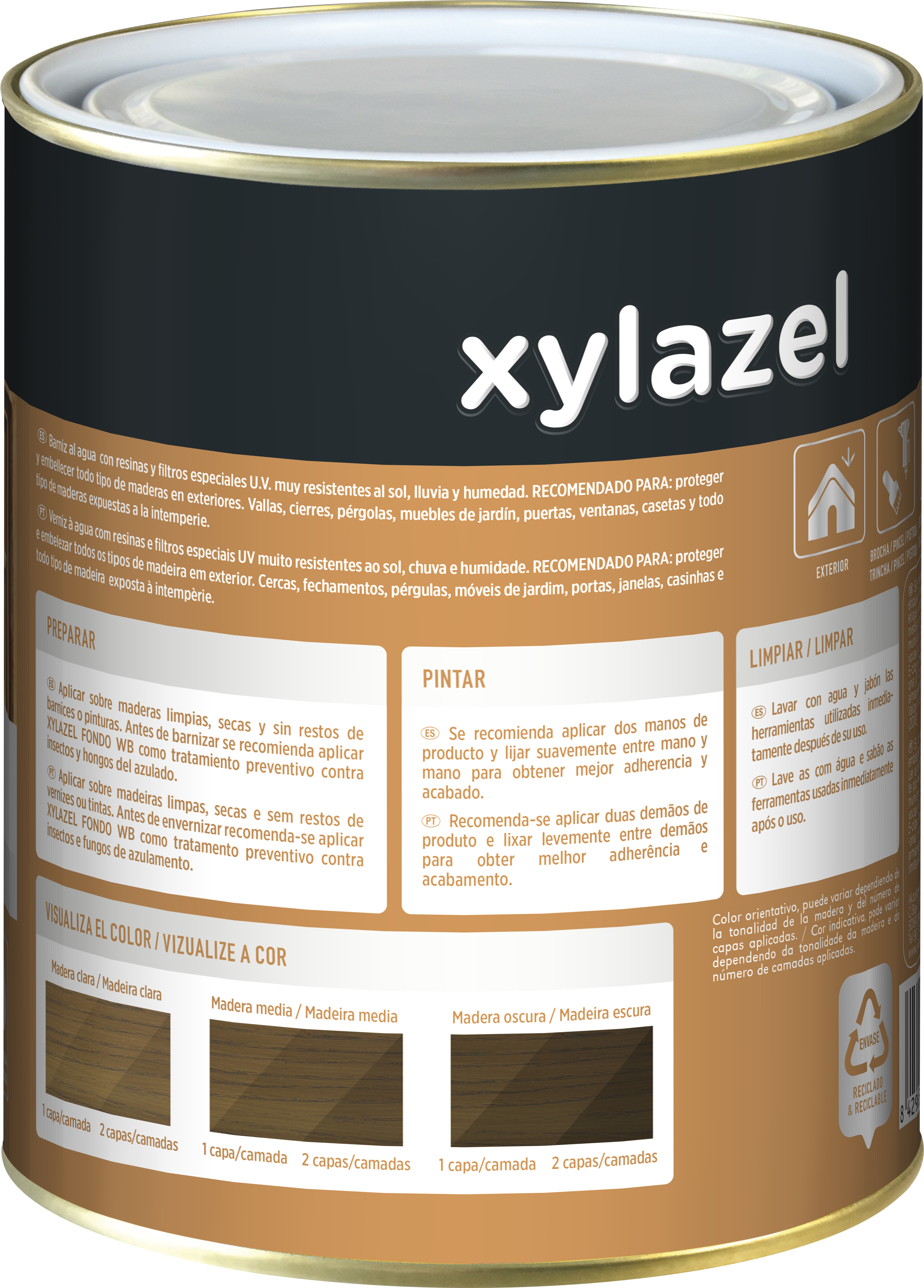 Barniz de madera de exterior color nogal para ventana, puerta, persiana, valla, mobiliario, cancela XYLAZEL brillante 2.5L base agua - 5