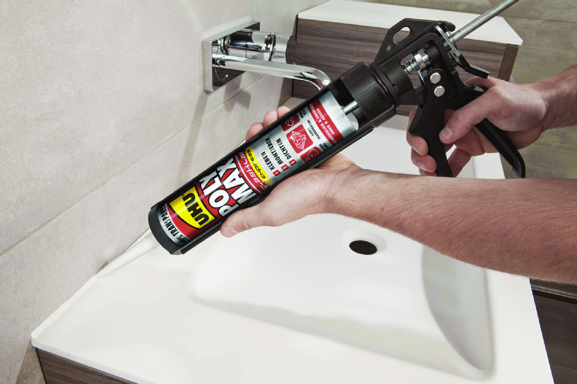 Adhesivo de montaje UHU Polimax High Tack Cristal 290 ml transparente para fijar un material a una superficie, aplicación con pistola, resiste a las heladas. Para fijar un material a una superficie. - 5
