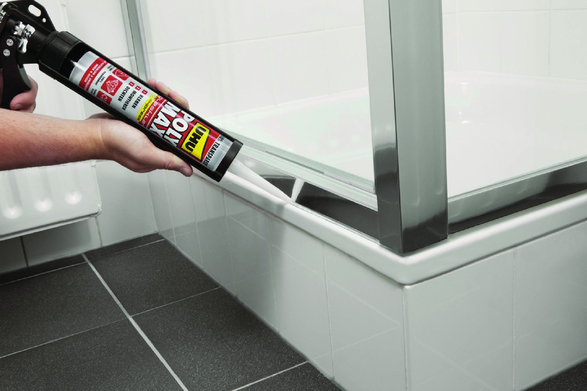 Adhesivo de montaje UHU Polimax High Tack Cristal 290 ml transparente para fijar un material a una superficie, aplicación con pistola, resiste a las heladas. Para fijar un material a una superficie. - 4
