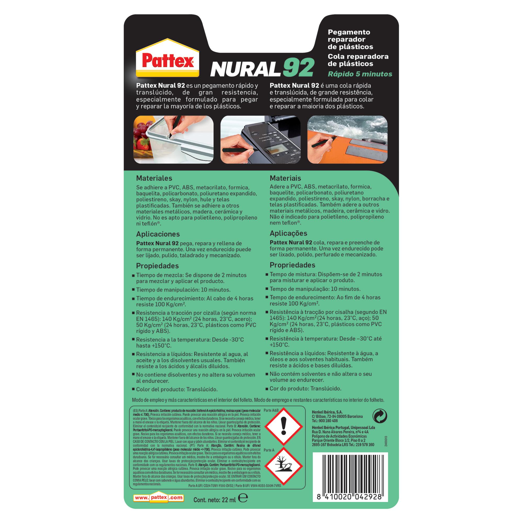 Cola reparadora de plásticos Nural 92 Pattex 22 ml - 12