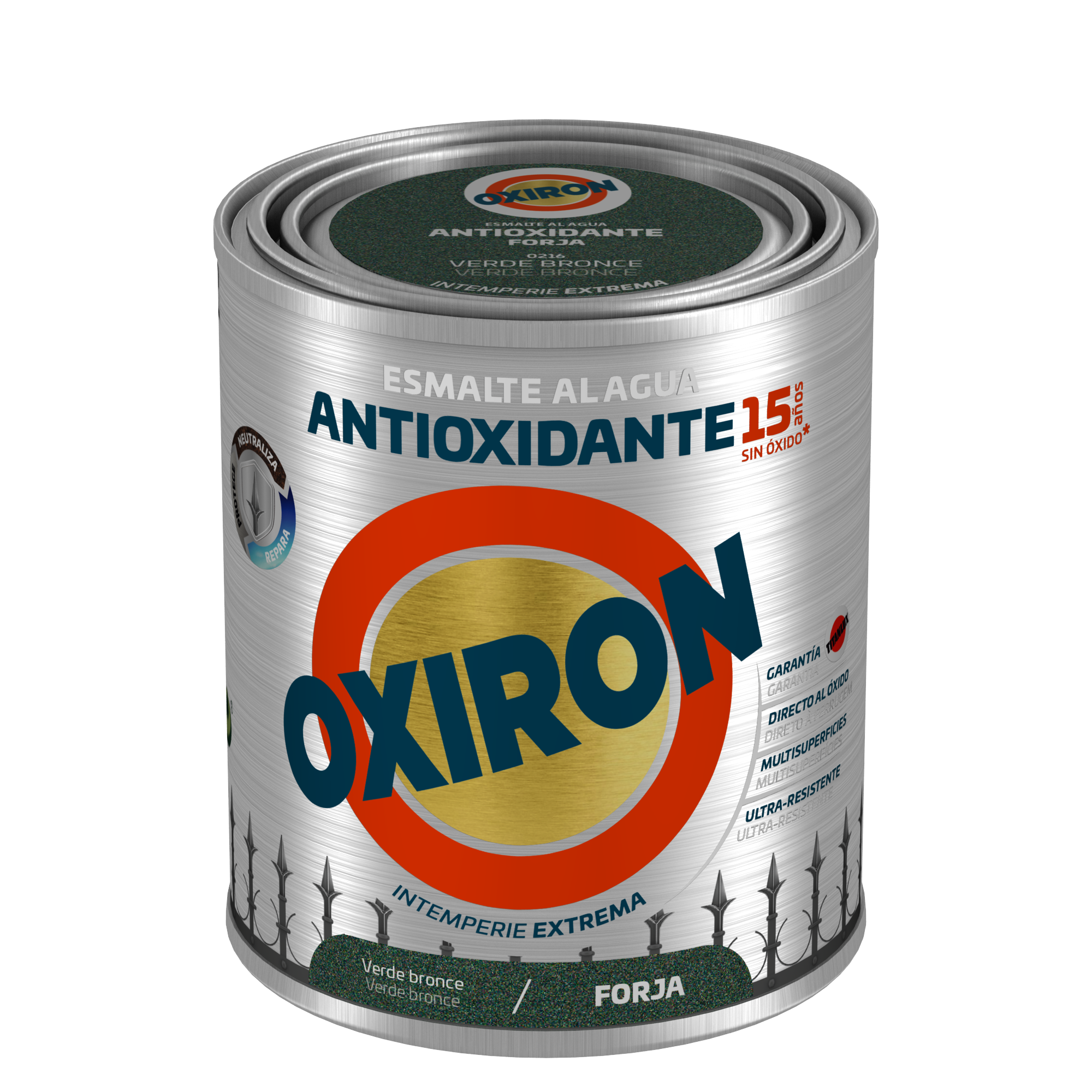 Pintura exterior color verde bronce para acero, aluminio, galvanizado, mobiliario de jardín OXIRON brillante 750ML base agua aplicación directa sobre el óxido - 2