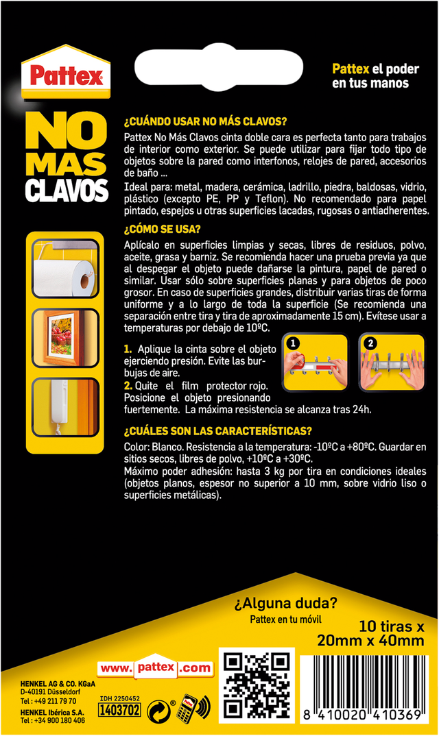 Cinta de Doble Cara precortada No Más Clavos Pattex10 tiras de 20 mm x 40 mm