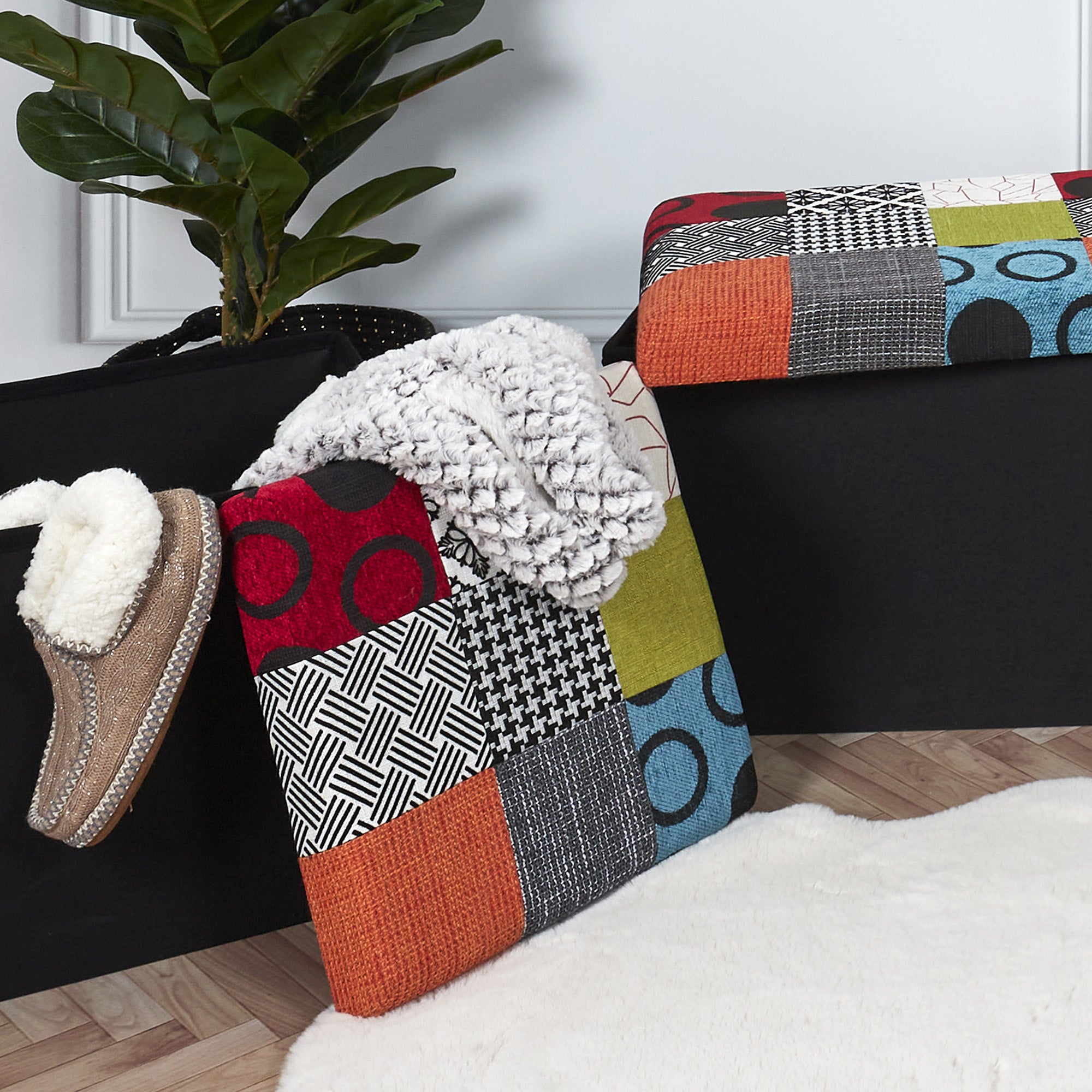 Puff Patchwork plegable almacenaje cuadrado multicolor (tonos negro)38x38 cm - 7