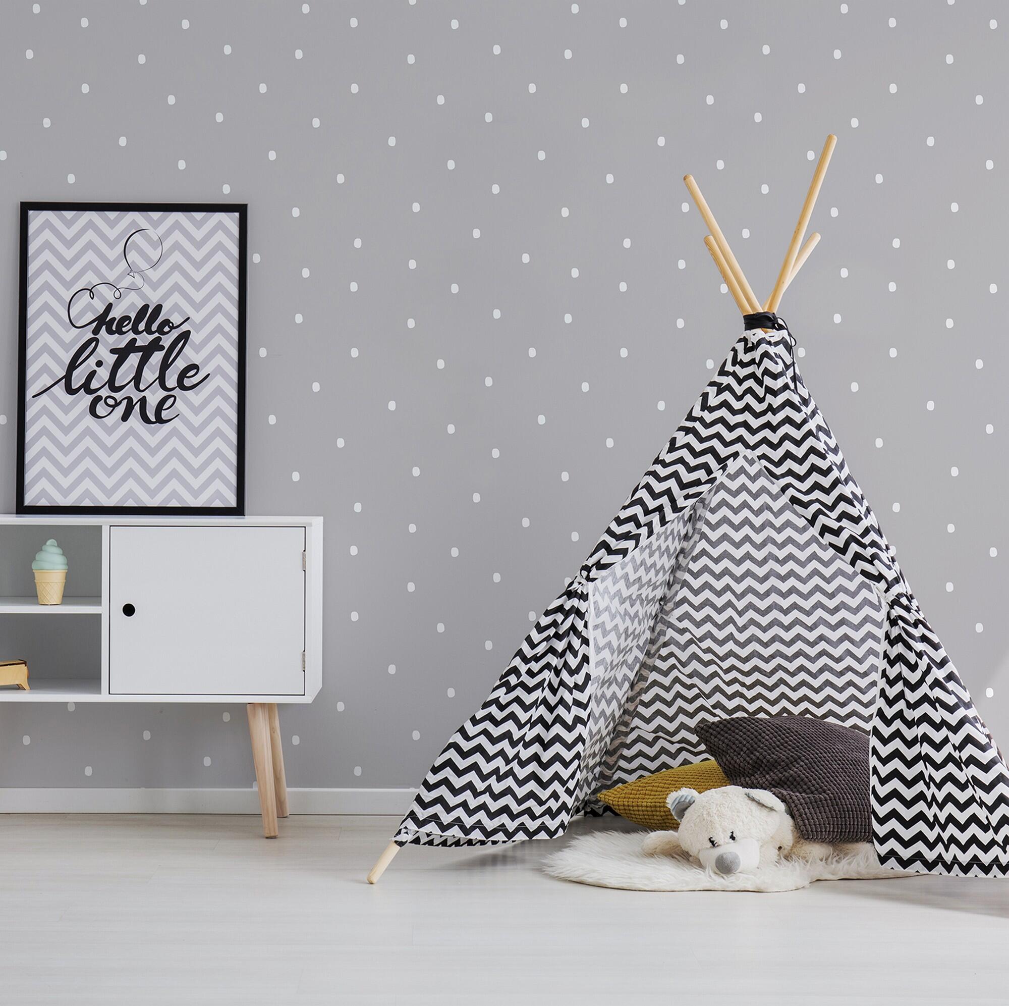 Papel pintado vinilo geométrico topos blancos gris