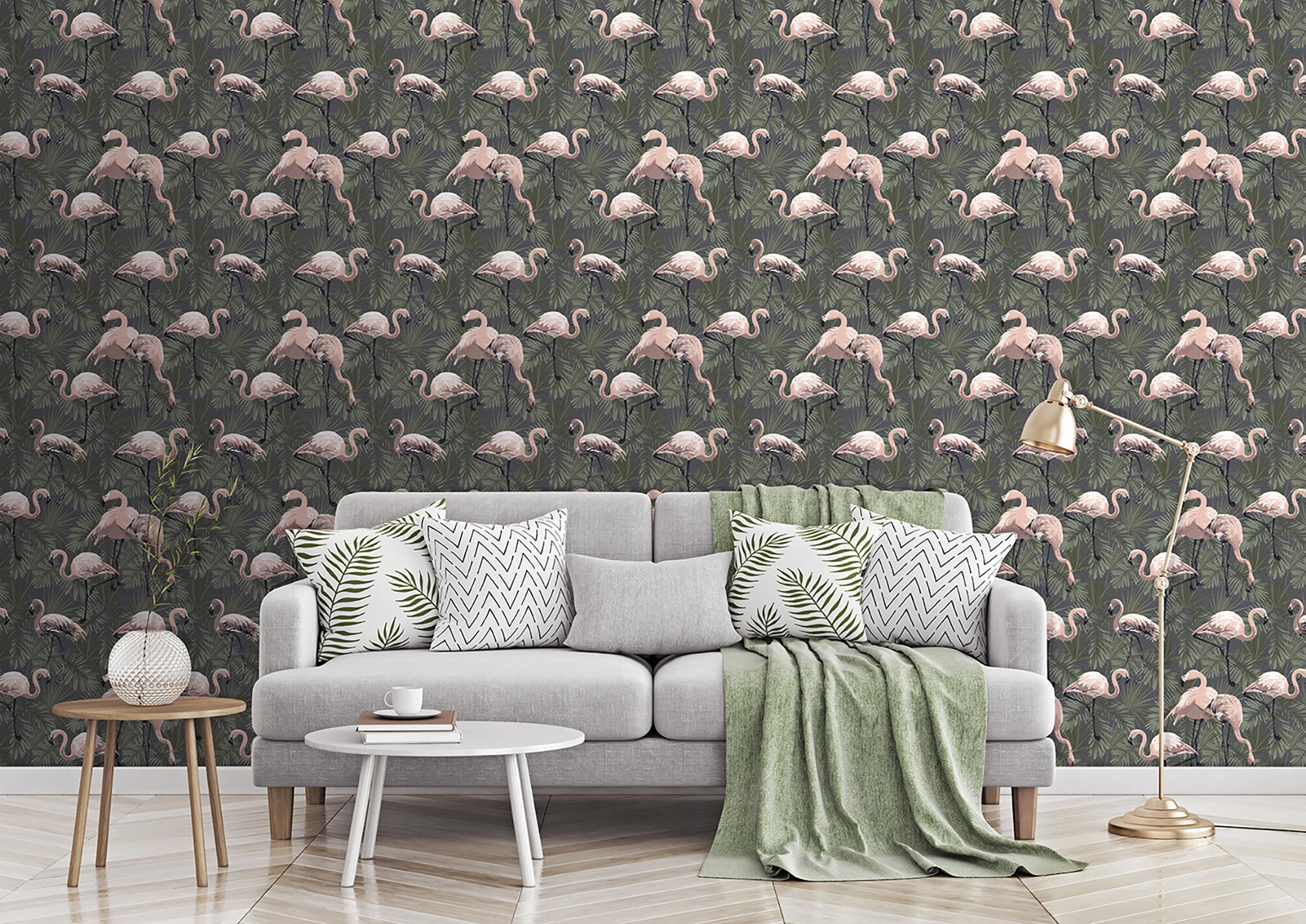 Carta da parati Fenicotteri E Felci rosa e verde, 53 cm x 10 m - 4