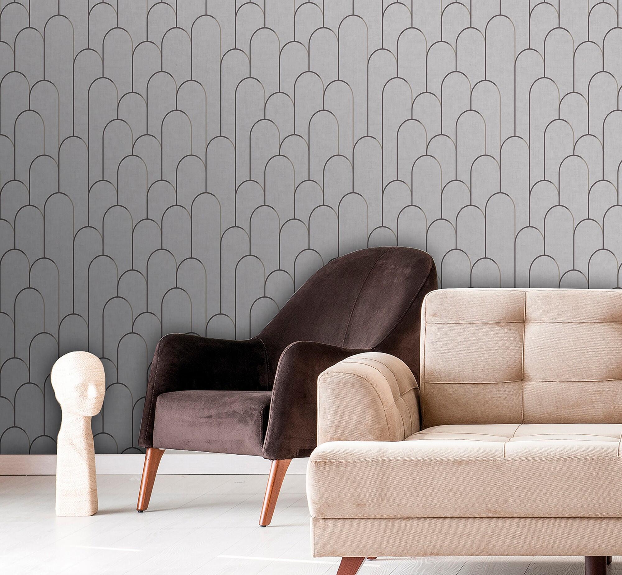 Papel pintado vinilo geométrico arco gráfico dorado beige