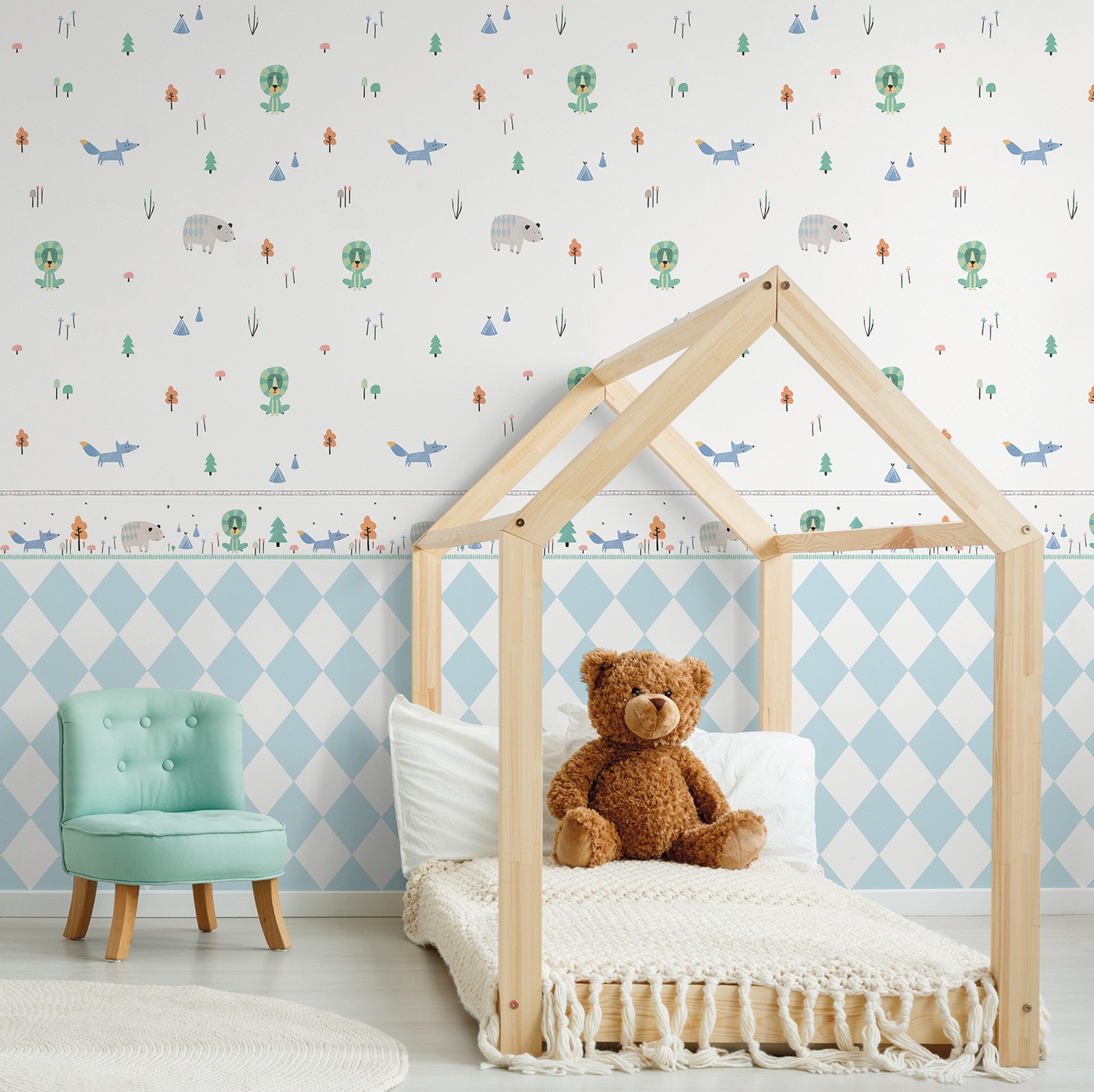 Papel pintado vinilo animales jungla verde blanco