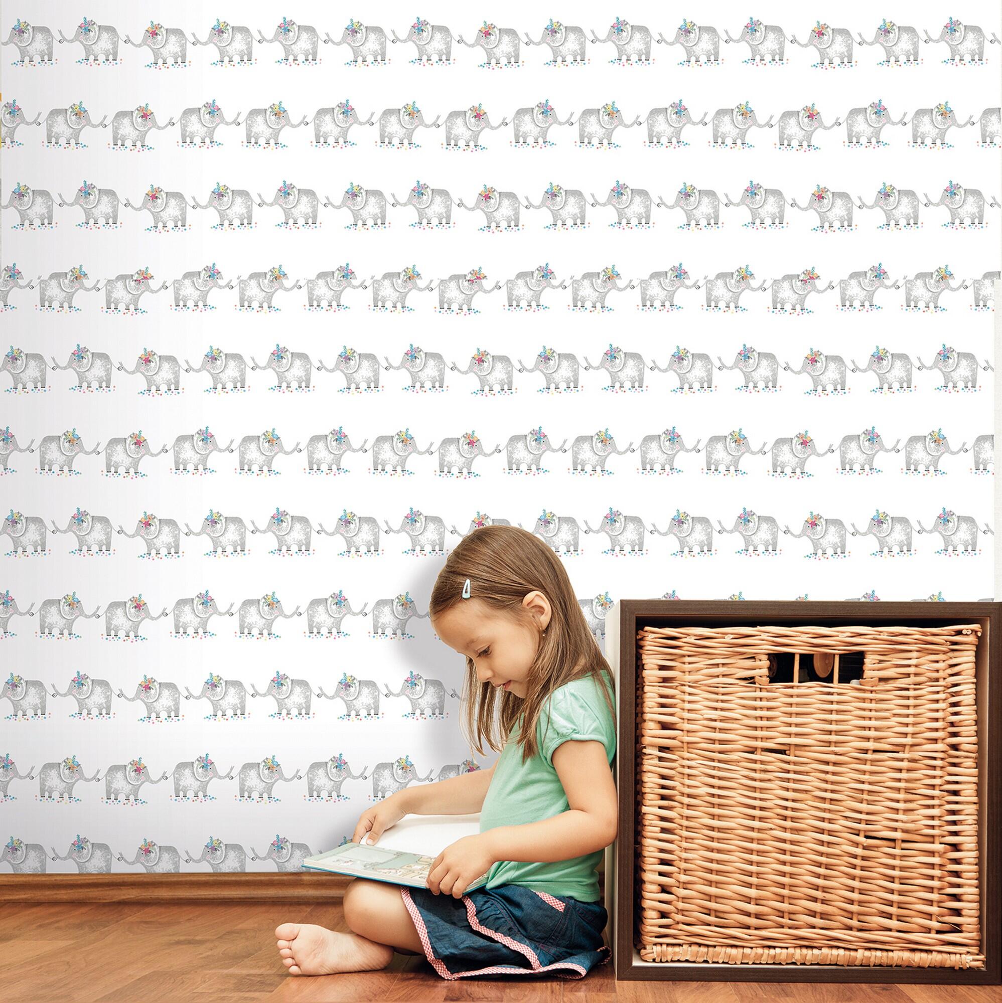 Papel pintado tapiz aplicación cola en papel animales elefante flor blanco ich 53cmx10.05m