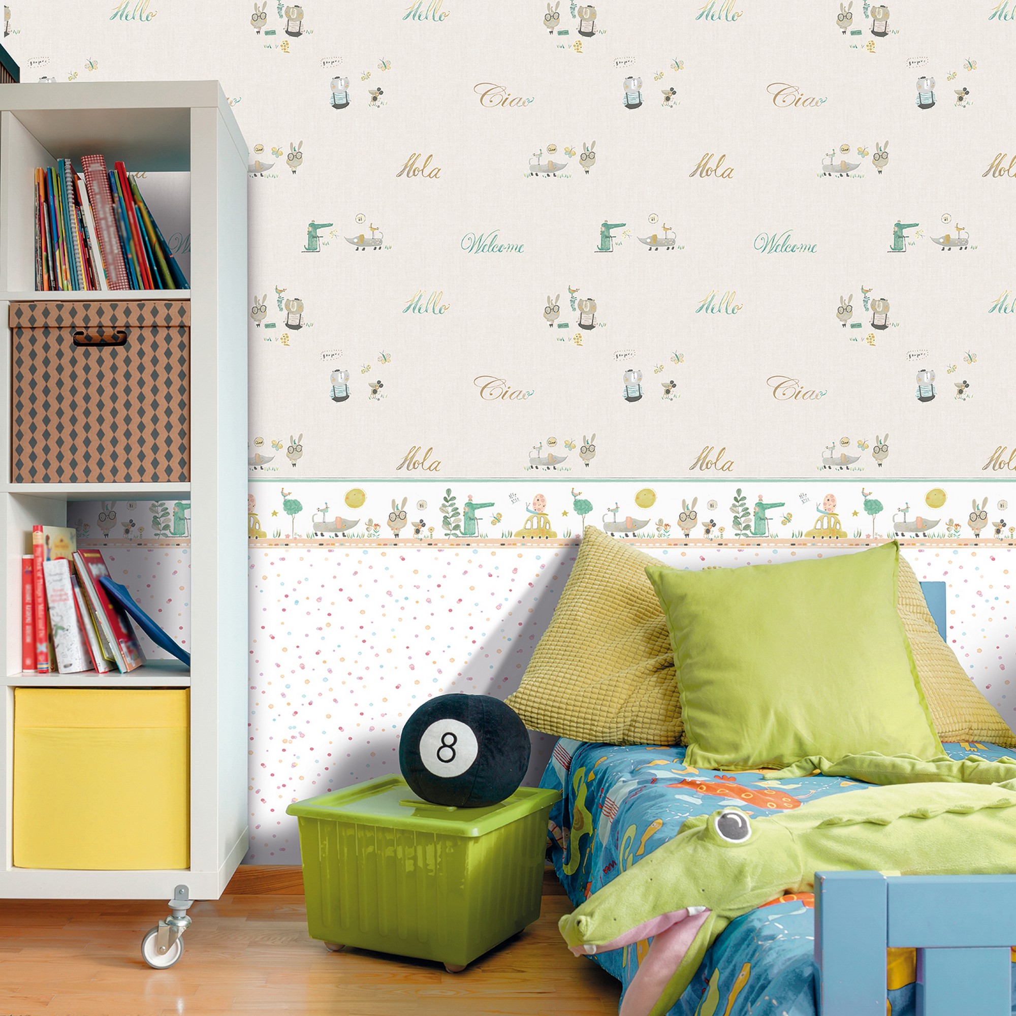 Papel pintado vinilo texto bonjour ciao gris